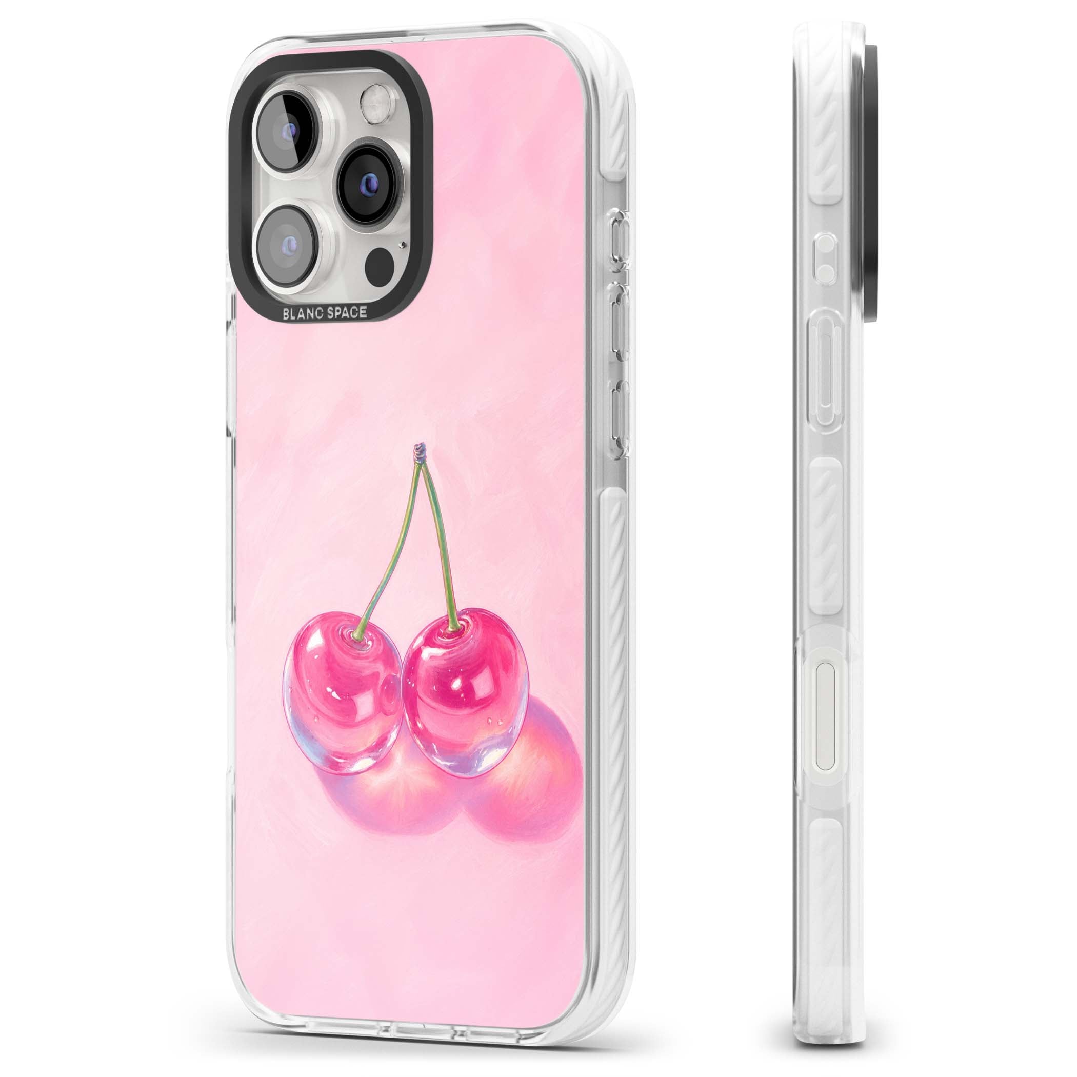 Pink Glass Cherry coquette iPhone case featuring two glossy painted cherries on a soft pink background | Clear Impact case for iPhone 16 Pro, iPhone 16 Pro Max