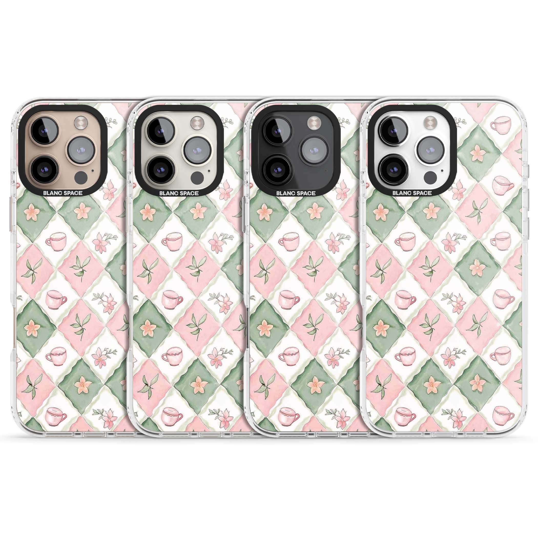 Garden Tea Party coquette iPhone case with pink and green checkered pattern, watercolour teacups and wildflowers | Clear Impact case for iPhone 16 Pro, iPhone 16 Pro Max