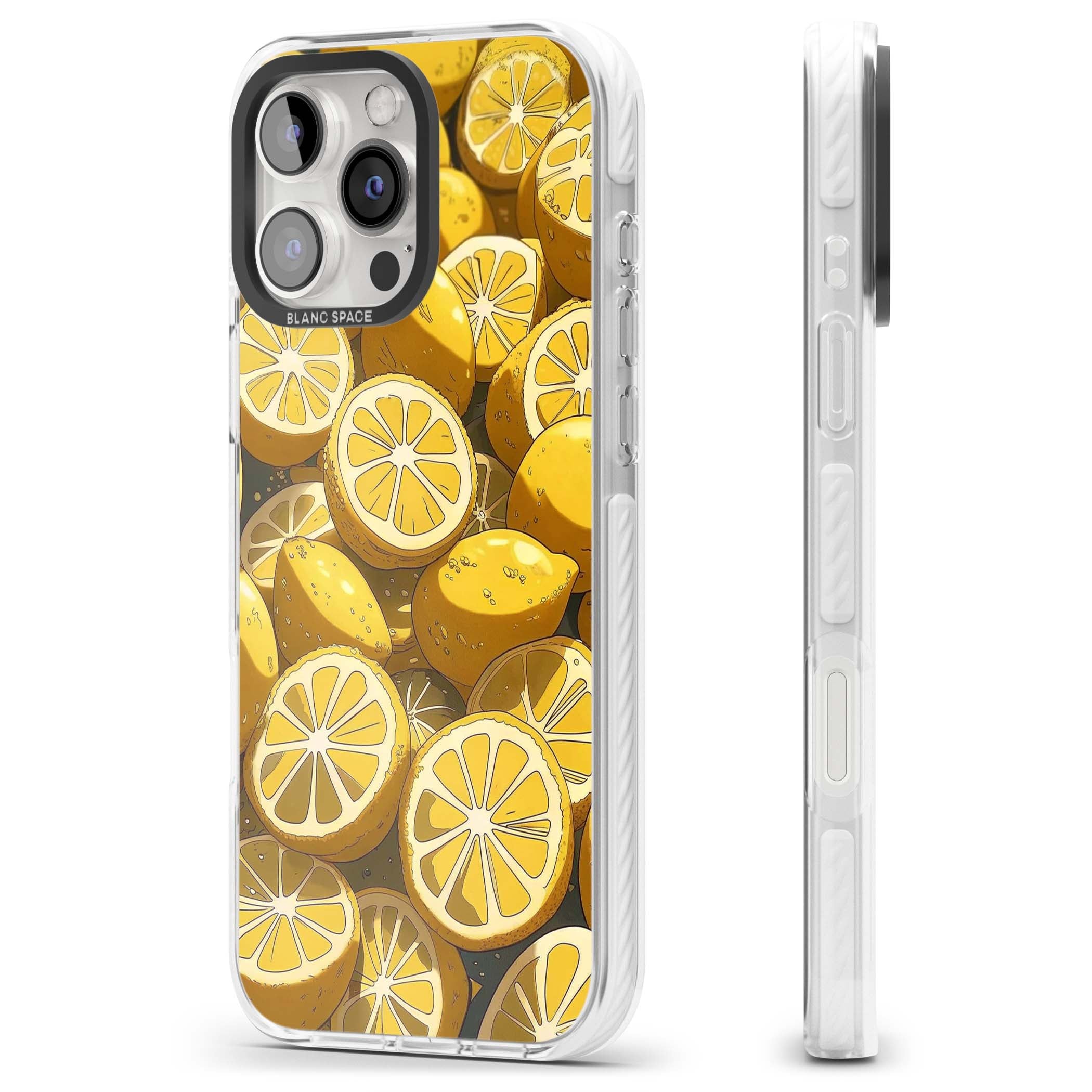 Zesty coastal iPhone case featuring illustrated Mediterranean lemons and citrus slices in golden yellow | Clear Impact case for iPhone 16 Pro, iPhone 16 Pro Max