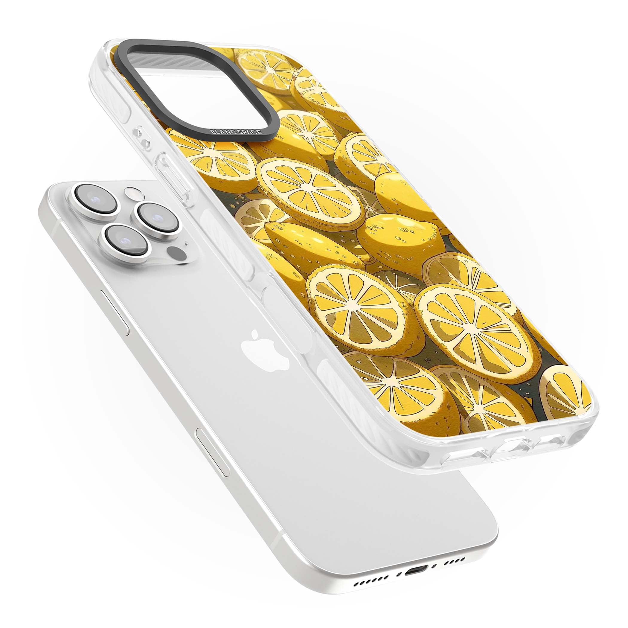 Zesty coastal iPhone case featuring illustrated Mediterranean lemons and citrus slices in golden yellow | Clear Impact case for iPhone 16 Pro, iPhone 16 Pro Max