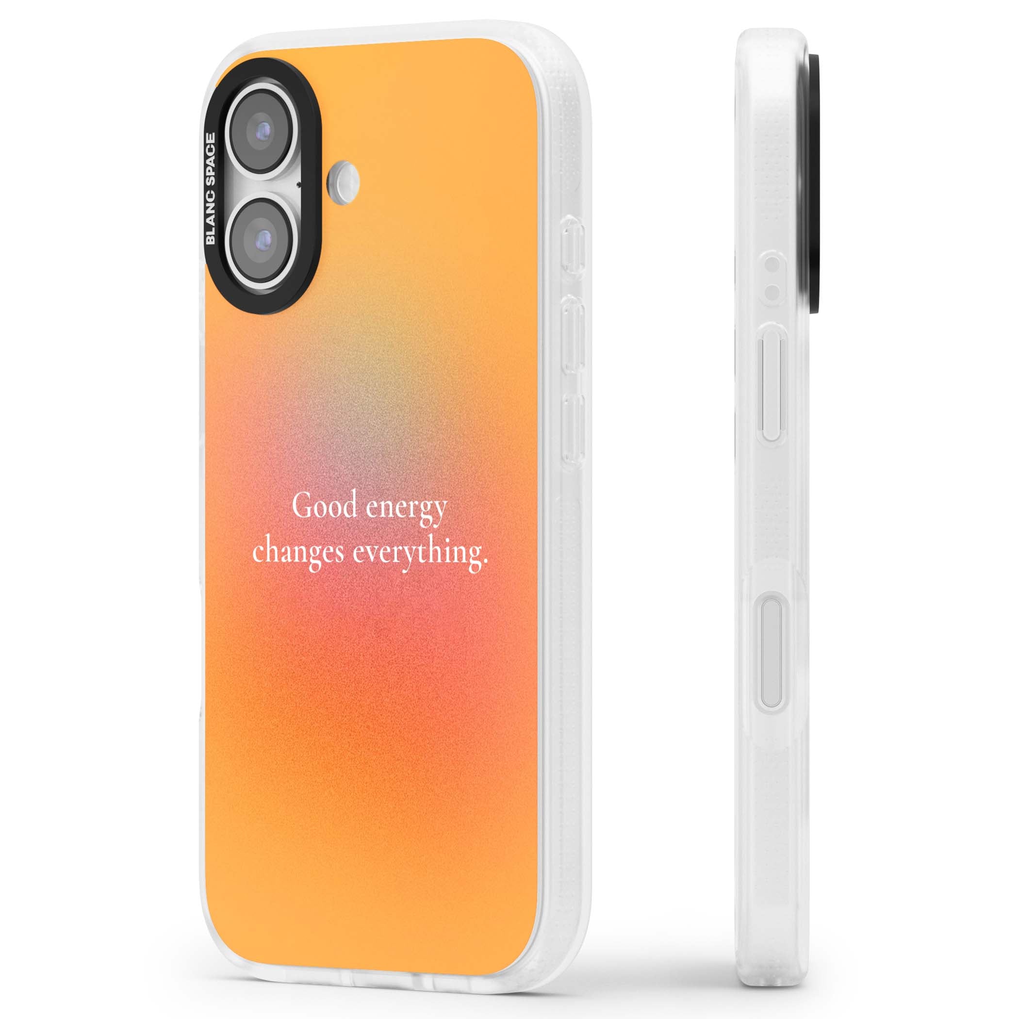 Good Energy quote iPhone case featuring an orange and pink aura gradient with white serif affirmation text | Clear Case Impact Air case for iPhone 17
