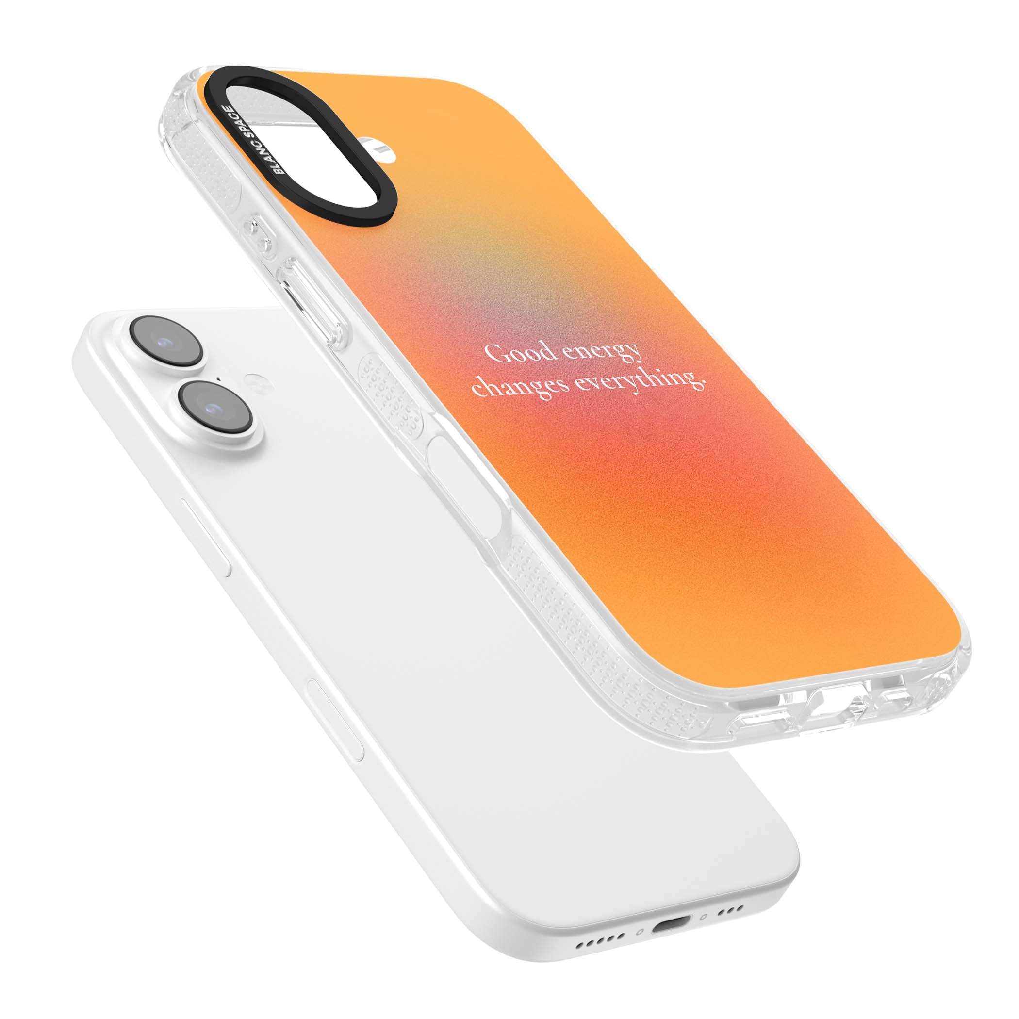 Good Energy quote iPhone case featuring an orange and pink aura gradient with white serif affirmation text | Clear Case Impact Air case for iPhone 17