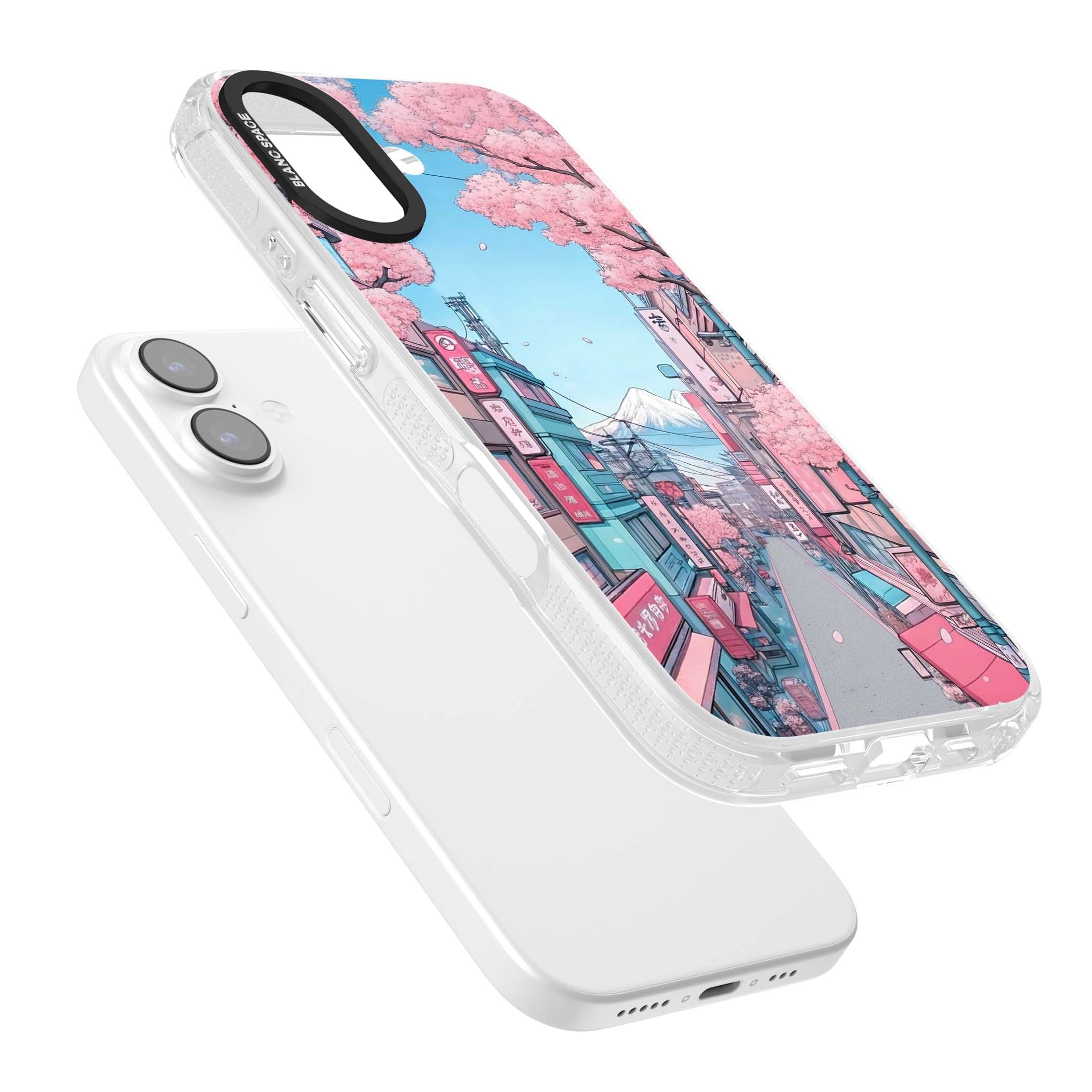 Sakura Lane anime iPhone case featuring Tokyo street scene with cherry blossoms and Mount Fuji | Clear Case Impact Air case for iPhone 17