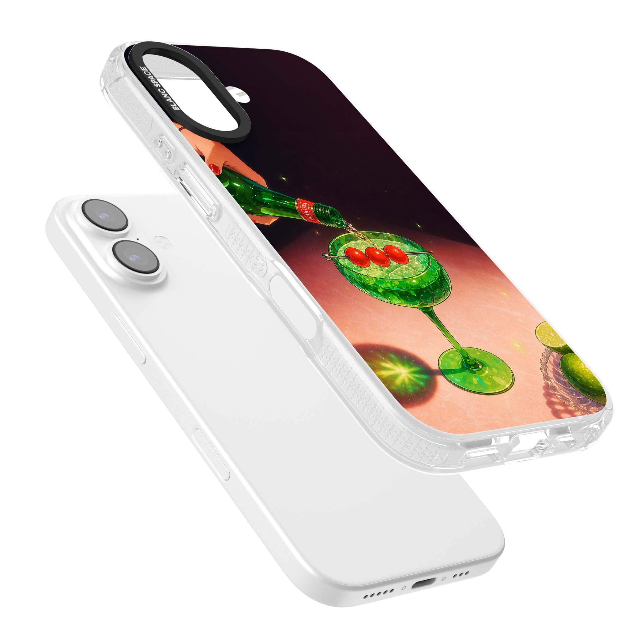 Absinthe Hour cocktail iPhone case featuring a green coupe glass, cherry garnish and vintage bottle pour illustration | Clear Case Impact Air case for iPhone 17