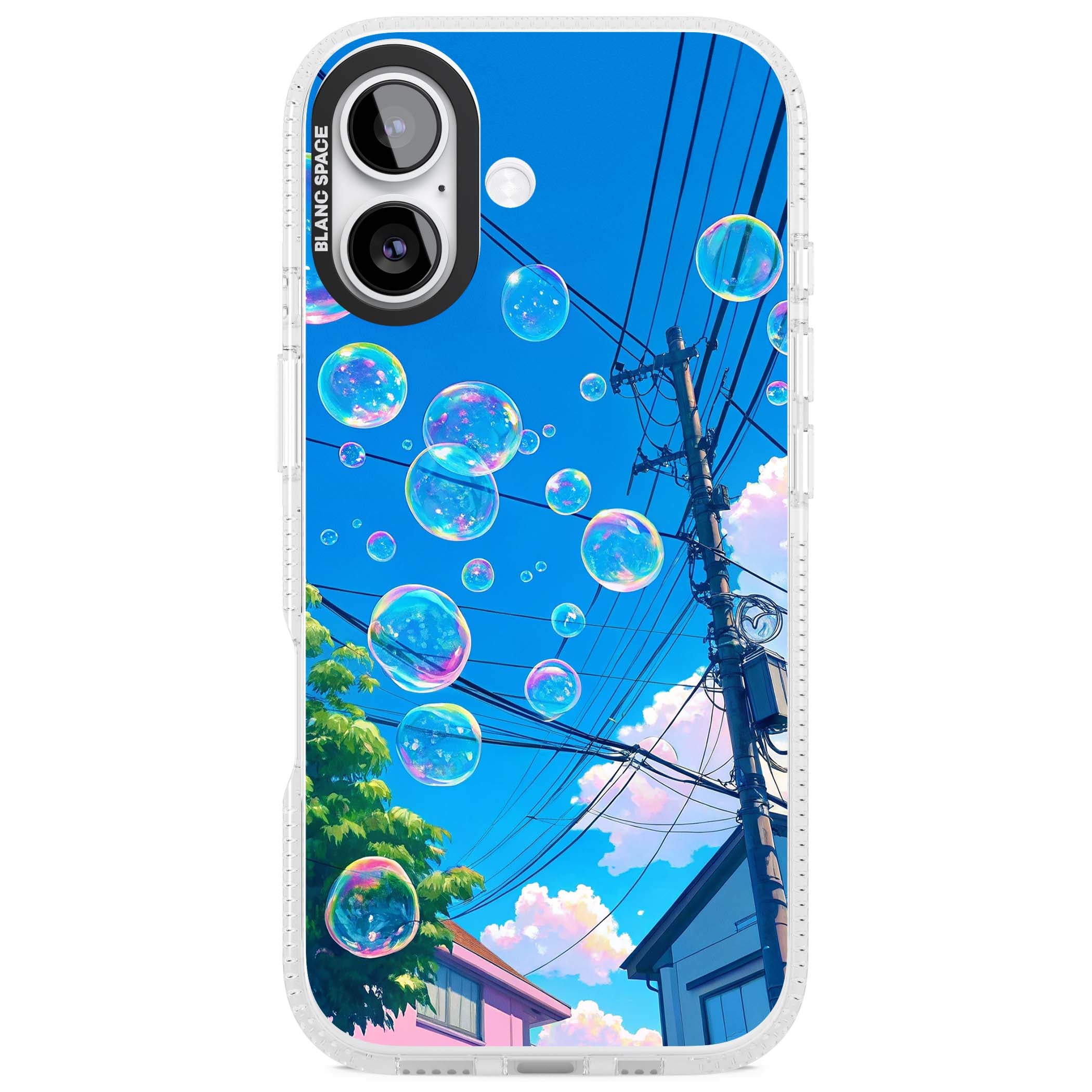 Suburban Bubbles anime iPhone case featuring iridescent soap bubbles, blue sky and Japanese telephone wires | Clear Case Impact Air case for iPhone 17