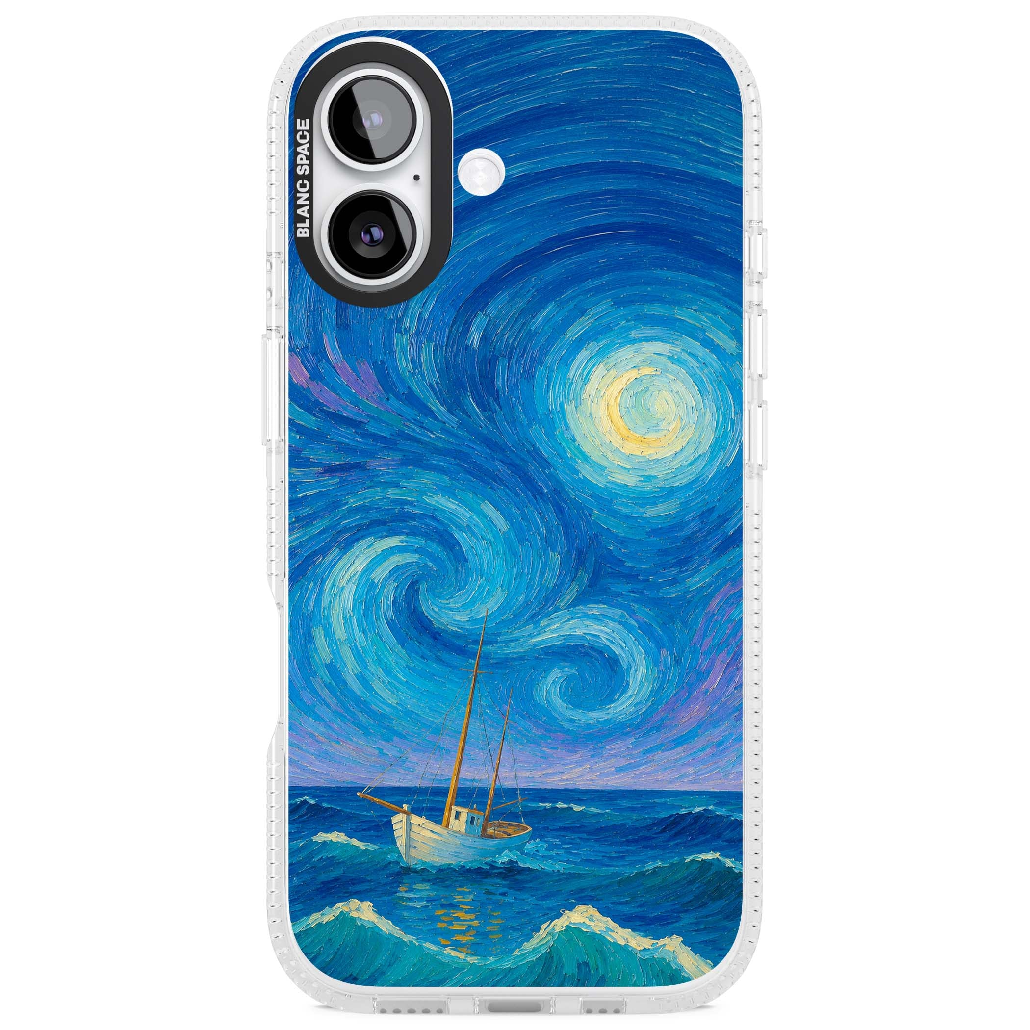 Moonlit Tide Van Gogh art iPhone case featuring swirling starry night sky, glowing moon and lone sailing boat at sea | Clear Case Impact Air case for iPhone 17
