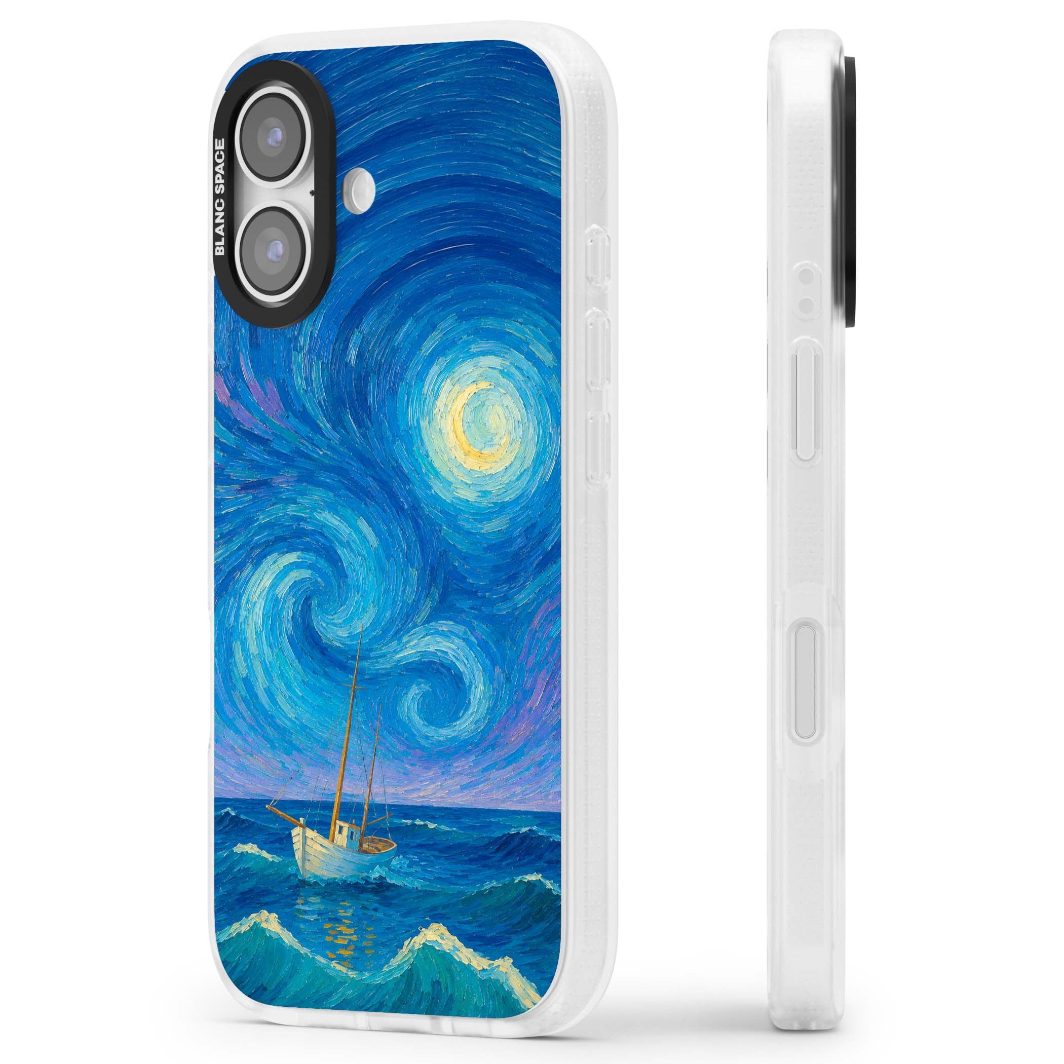 Moonlit Tide Van Gogh art iPhone case featuring swirling starry night sky, glowing moon and lone sailing boat at sea | Clear Case Impact Air case for iPhone 17