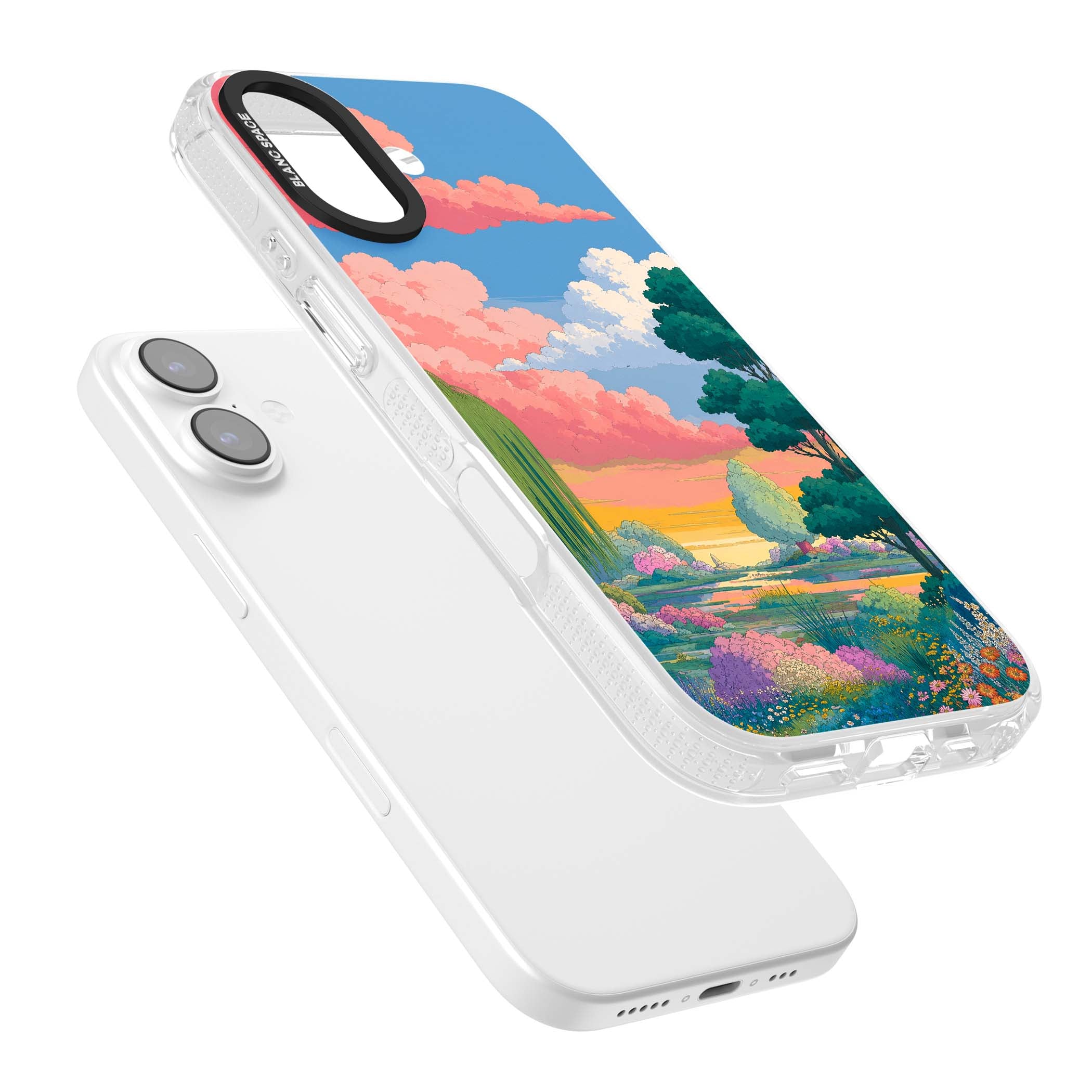 Dream Valley anime landscape iPhone case featuring pink sunset clouds, willow trees and wildflowers | Clear Case Impact Air case for iPhone 17