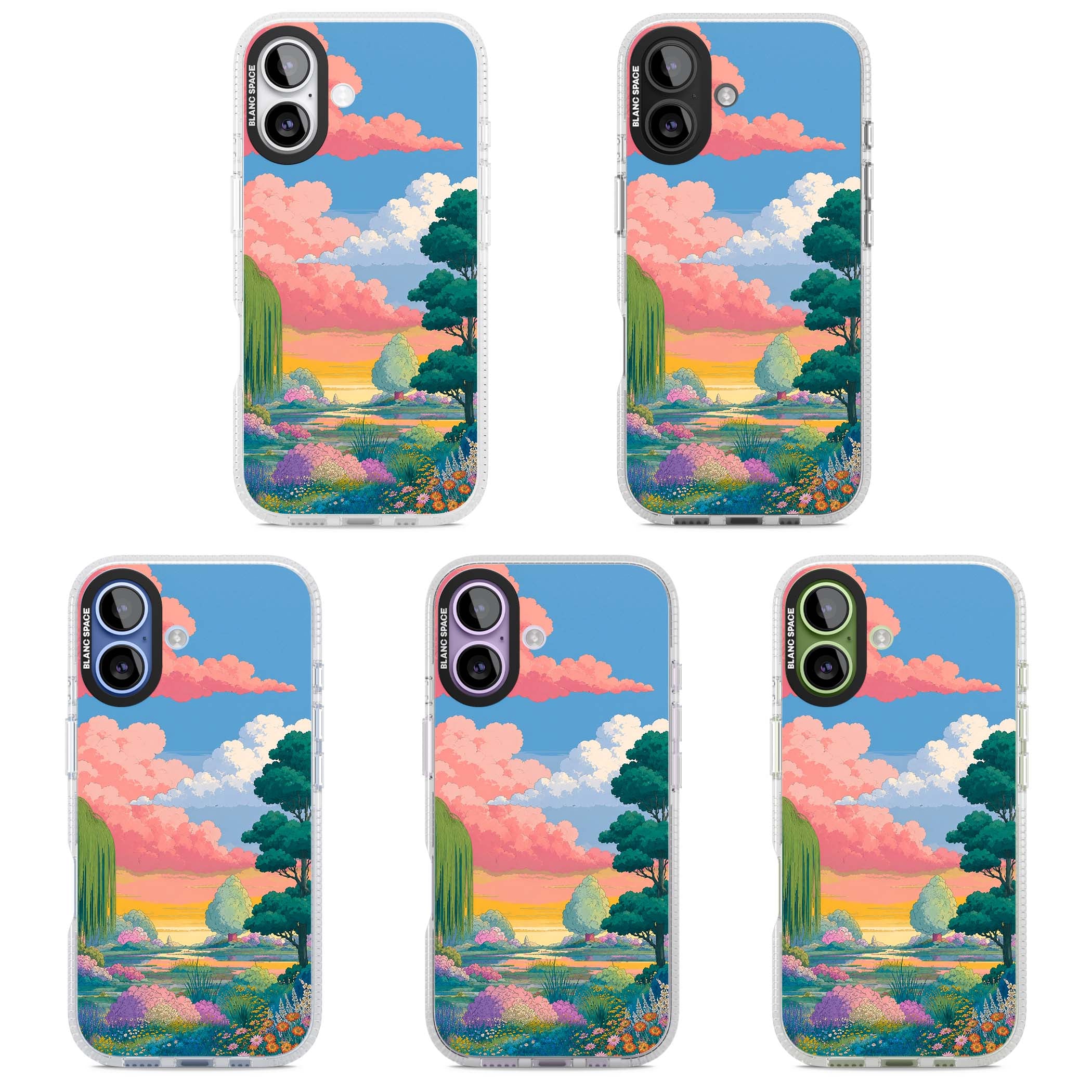 Dream Valley anime landscape iPhone case featuring pink sunset clouds, willow trees and wildflowers | Clear Case Impact Air case for iPhone 17