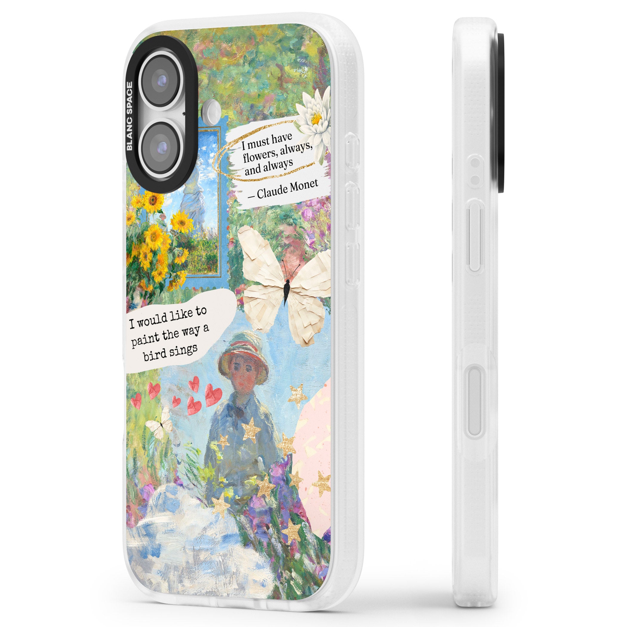 Monet 'Way A Bird Sings' Collage iPhone 17 Impact Air Clear Phone Case Side Profile