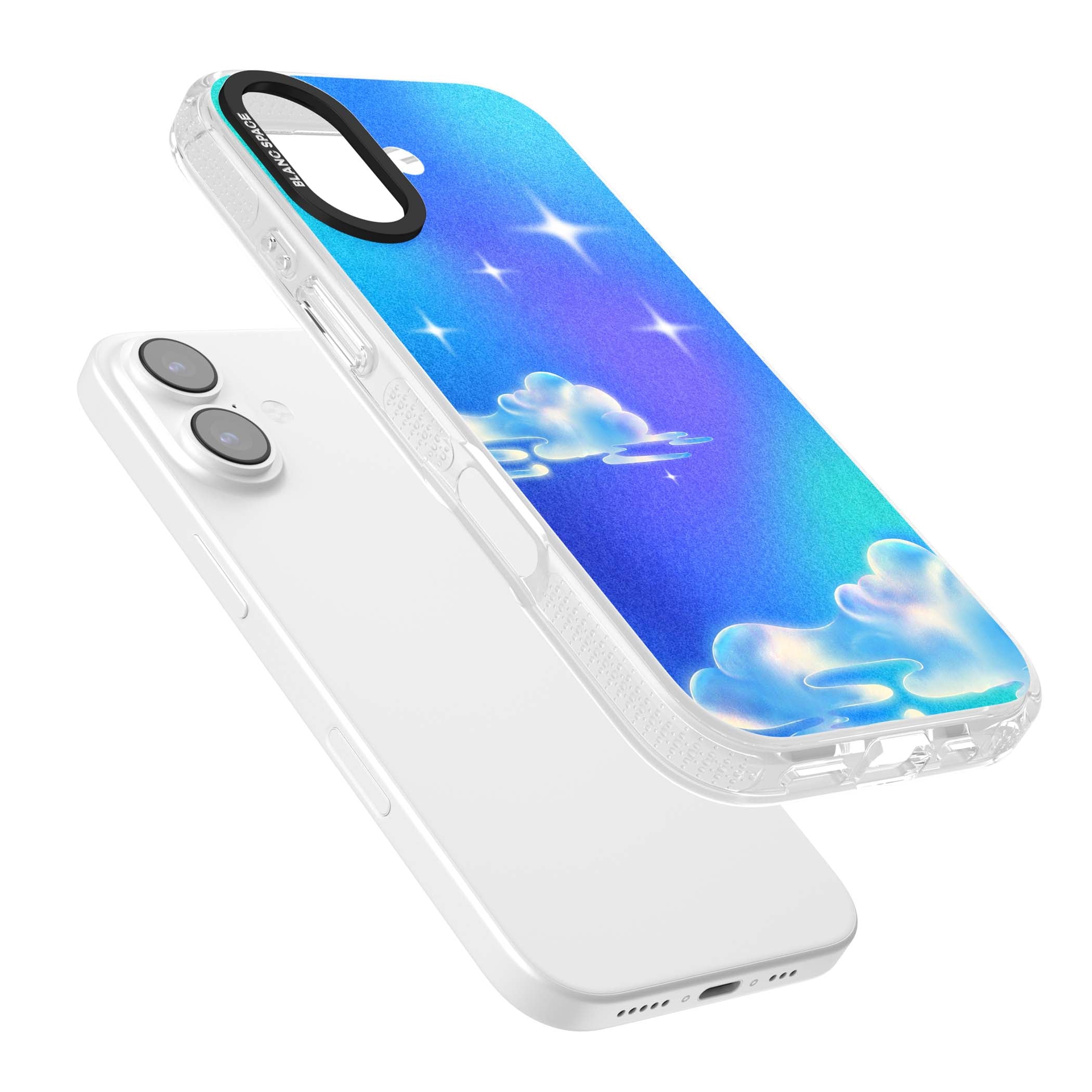 Aurora celestial iPhone case featuring dreamy iridescent clouds, sparkling stars and pastel blue purple sky | Clear Case Impact Air case for iPhone 17