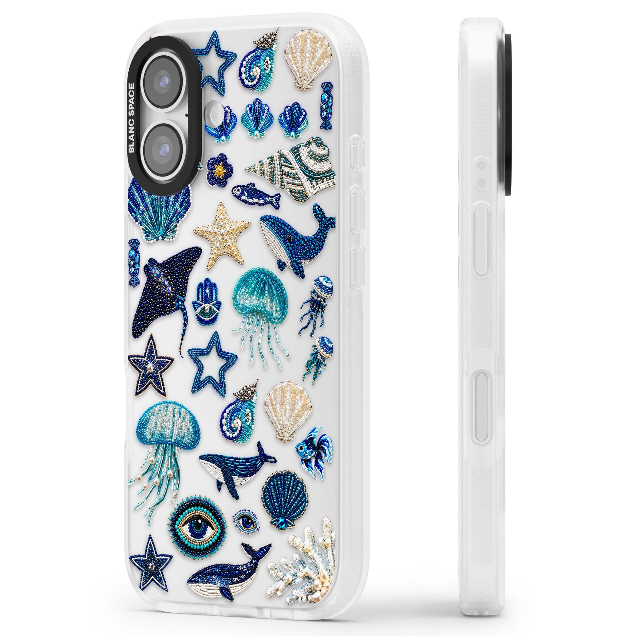Beaded Coastal coastal iPhone case featuring embroidered seashells, jellyfish and a blue whale on clear | Clear Case Impact Air case for iPhone 17