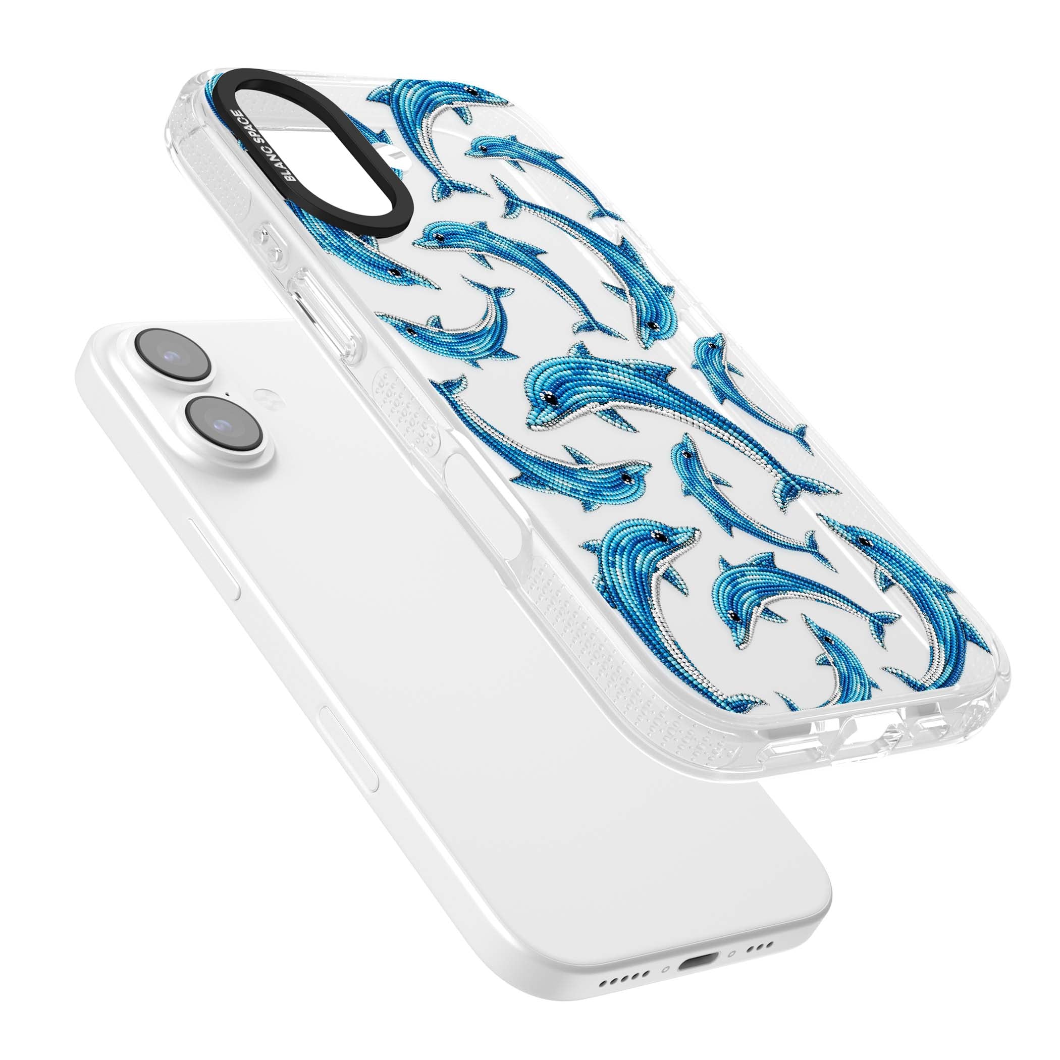 Beaded Dolphins coastal iPhone case featuring beaded dolphins in blue and white swimming across a clear background | Clear Case Impact Air case for iPhone 17