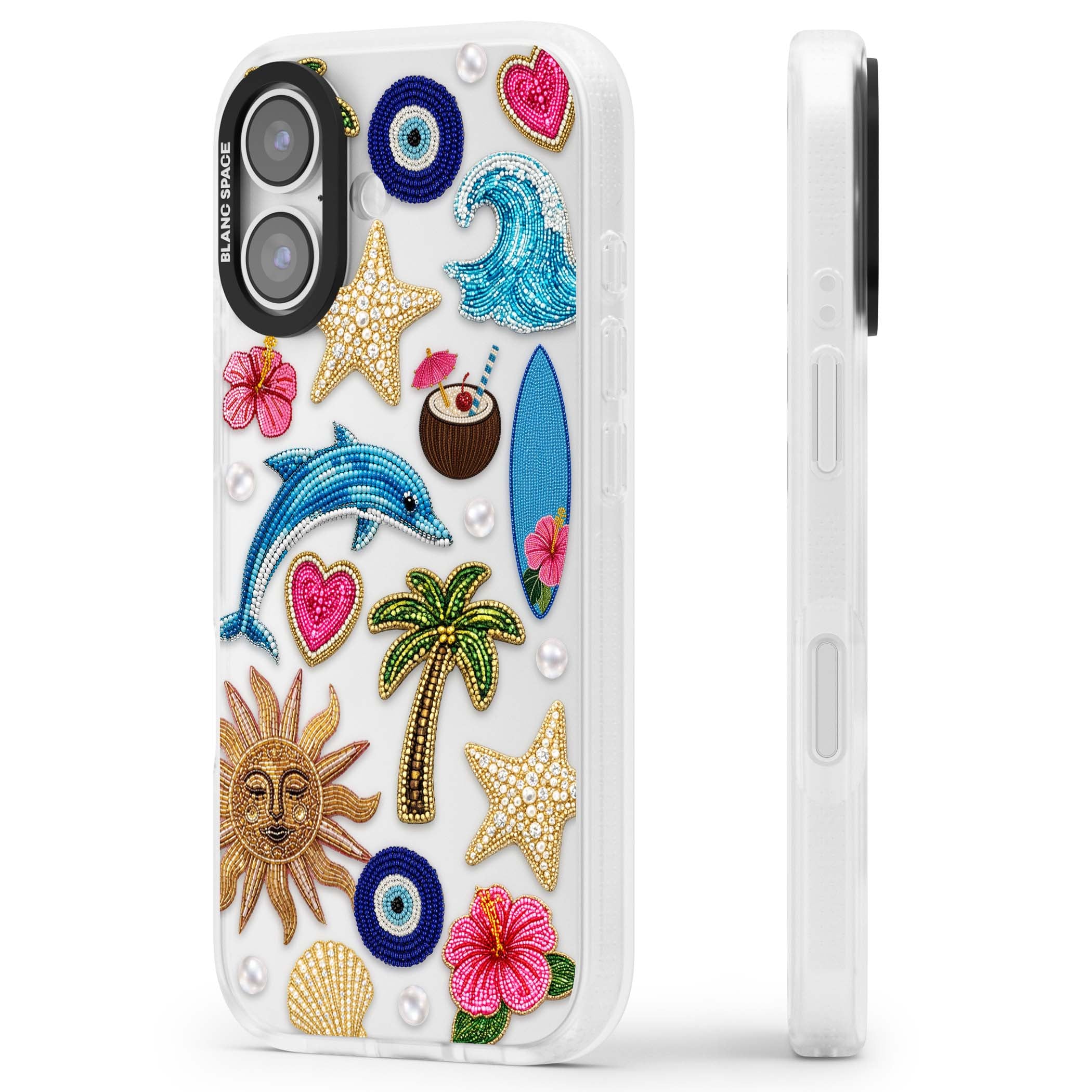 Beaded Beach coastal summer iPhone case featuring embroidered evil eye, hibiscus flowers, dolphin and palm tree patches | Clear Case Impact Air case for iPhone 17