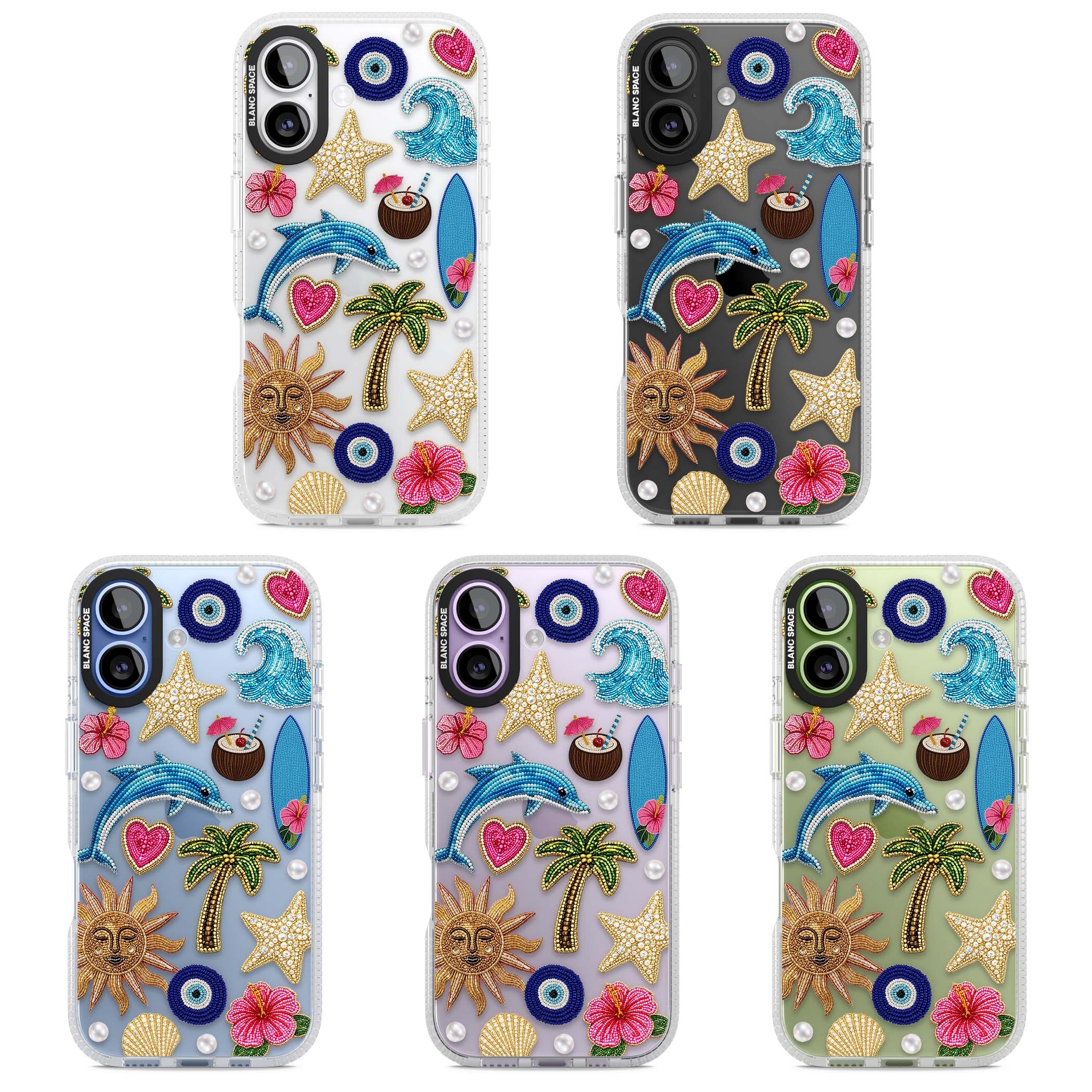 Beaded Beach coastal summer iPhone case featuring embroidered evil eye, hibiscus flowers, dolphin and palm tree patches | Clear Case Impact Air case for iPhone 17