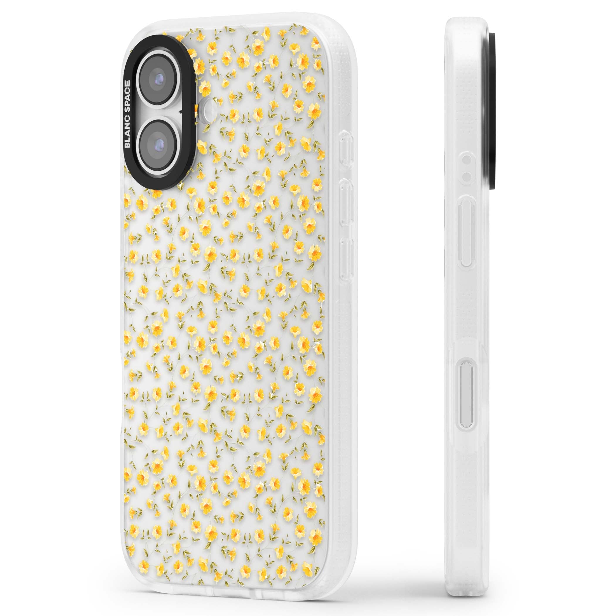 Buttercup wildflower iPhone case featuring tiny yellow flowers and trailing green vines on clear | Clear Case Impact Air case for iPhone 17