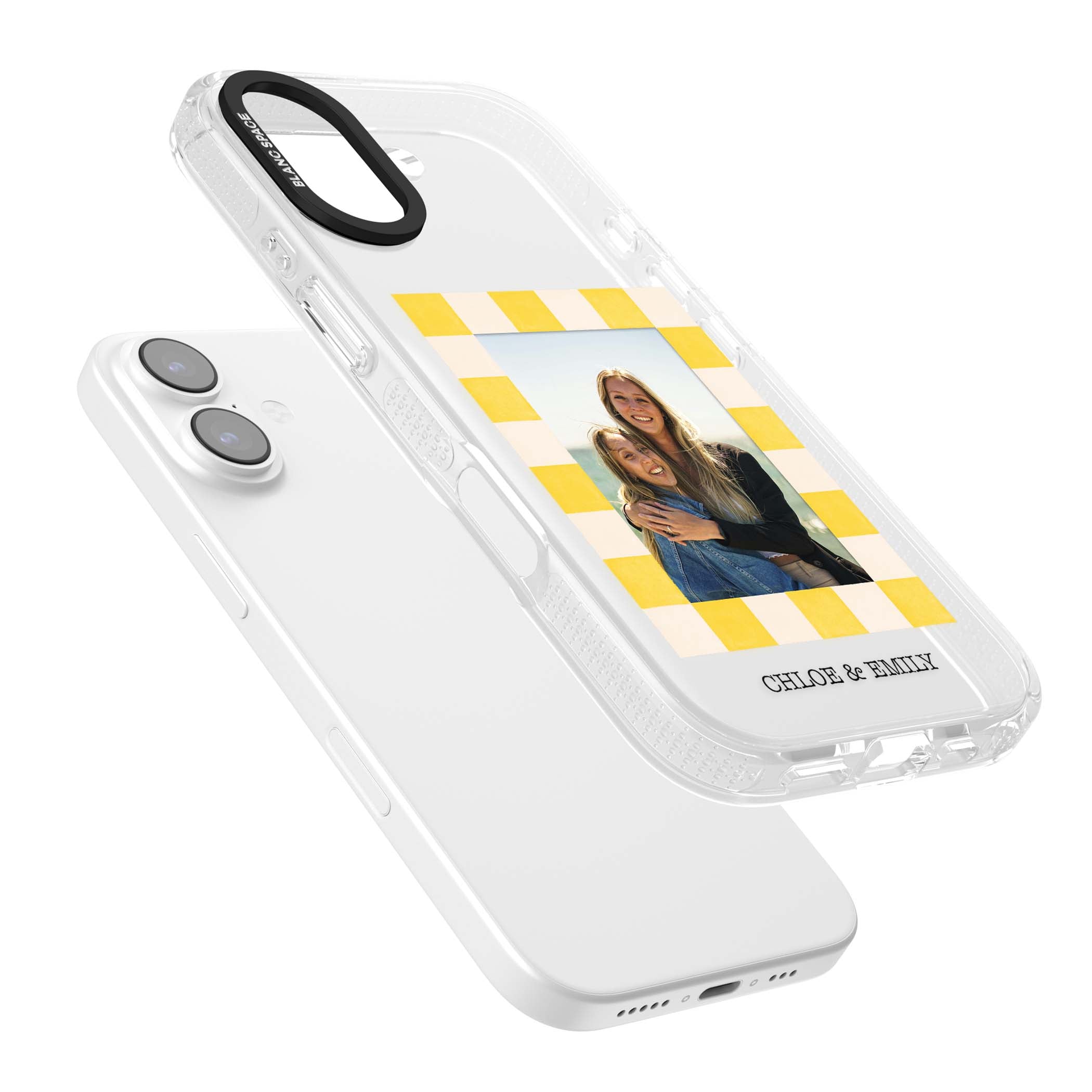 Yellow Check Photo personalised iPhone case with yellow checkered Polaroid frame and custom names beneath | Clear Case Impact Air case for iPhone 17