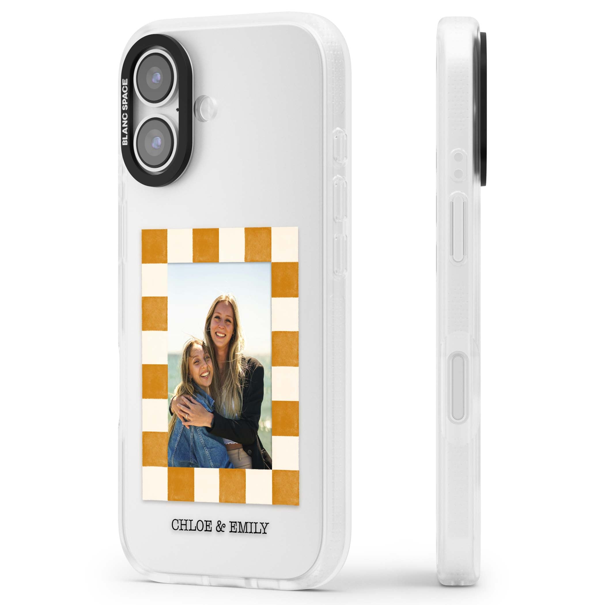 Citrus Check Photo personalised iPhone case with custom photo, orange checkered frame and names underneath | Clear Case Impact Air case for iPhone 17