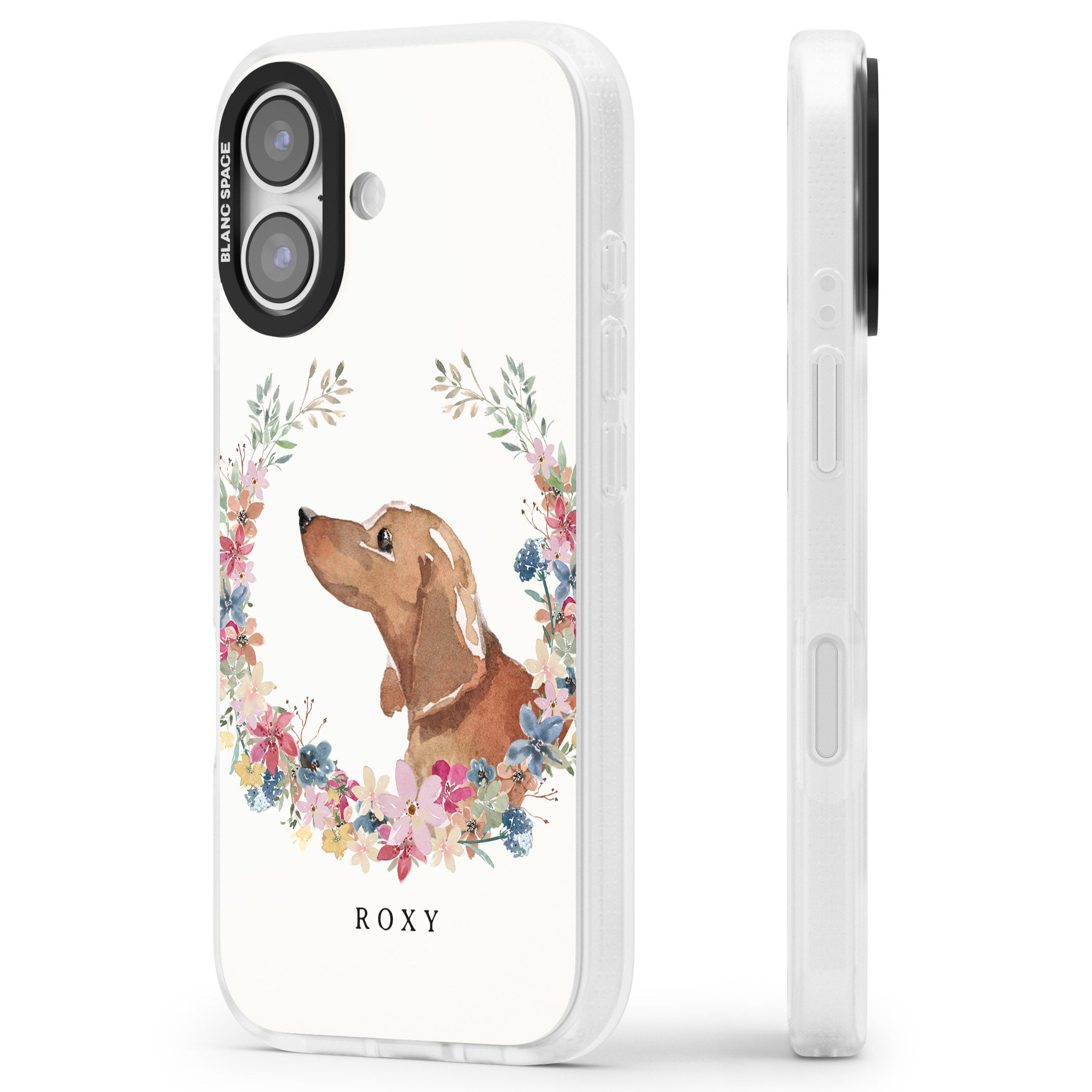 Personalised Tan Dachshund Floral Portrait iPhone 17 Impact Air Clear Phone Case Side Profile