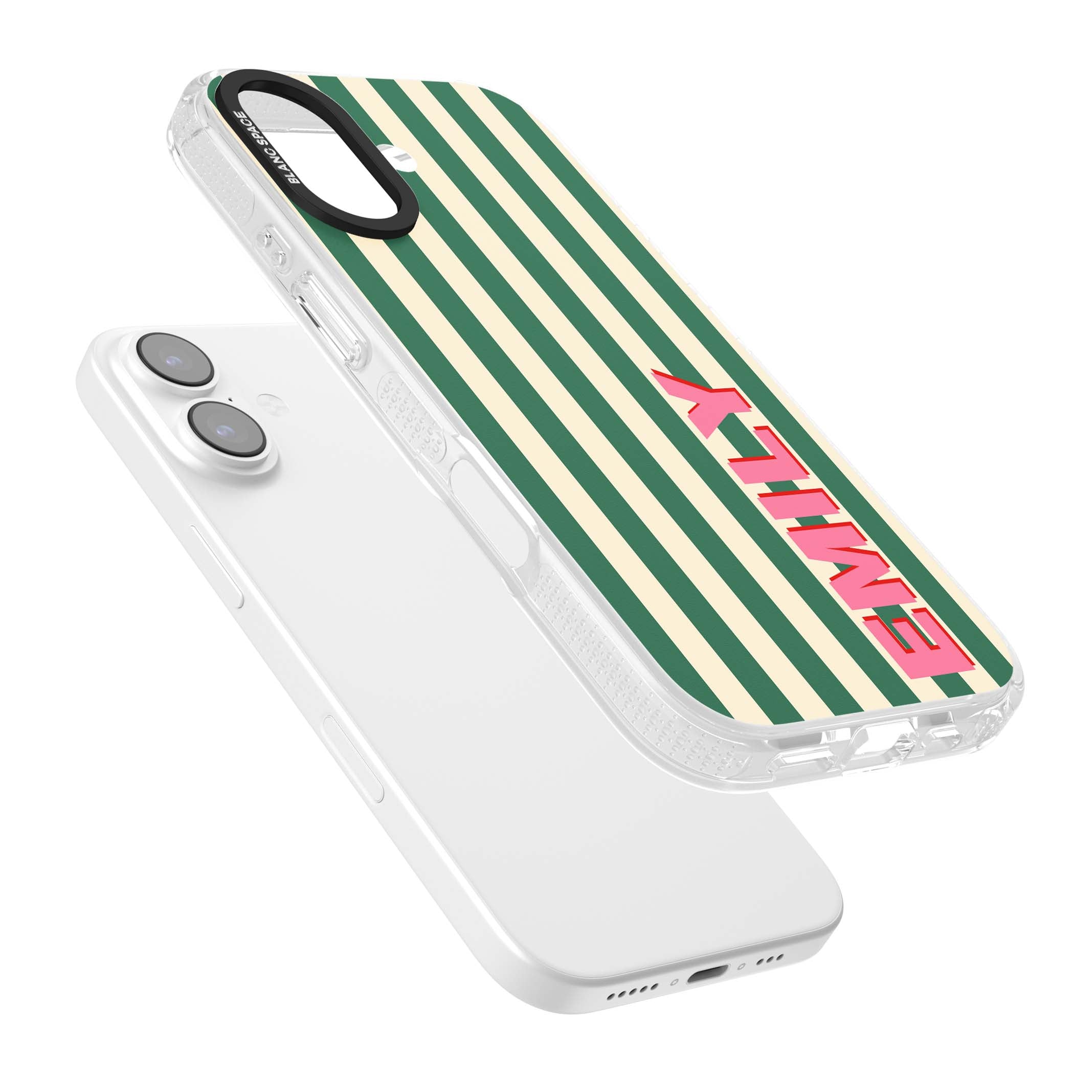 Wimbledon Stripe preppy iPhone case featuring green and cream vertical stripes with a personalised pink name | Clear Case Impact Air case for iPhone 17