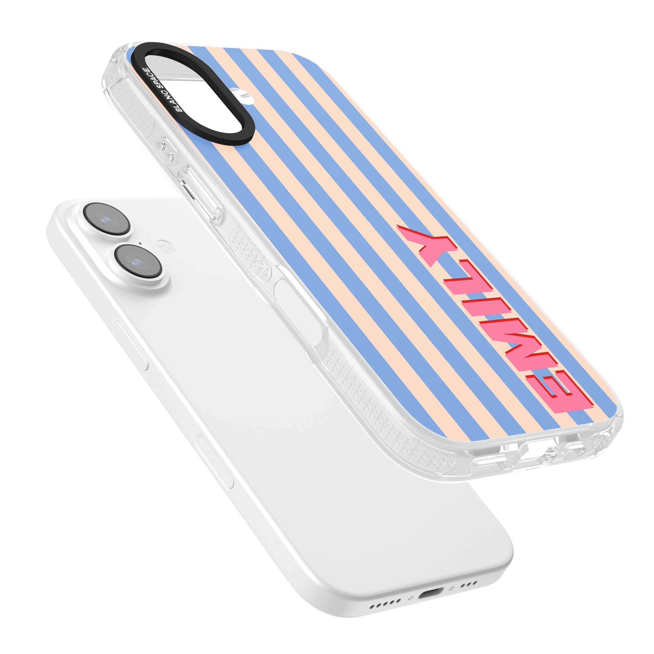 Coastal Stripe personalised coastal iPhone case with blue and peach vertical stripes and custom pink name | Clear Case Impact Air case for iPhone 17