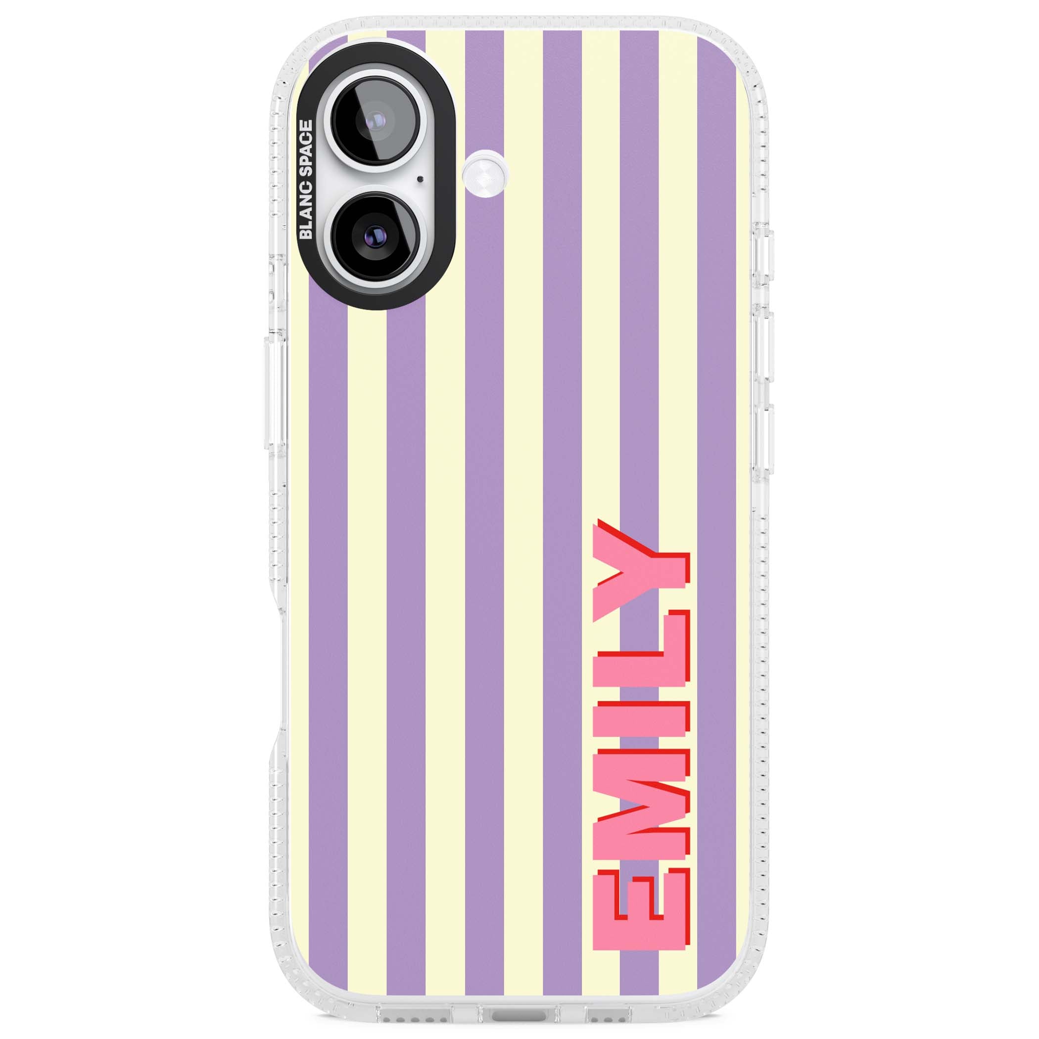 Valensole Stripe personalised iPhone case with purple and cream vertical stripes and pink custom name | Clear Case Impact Air case for iPhone 17