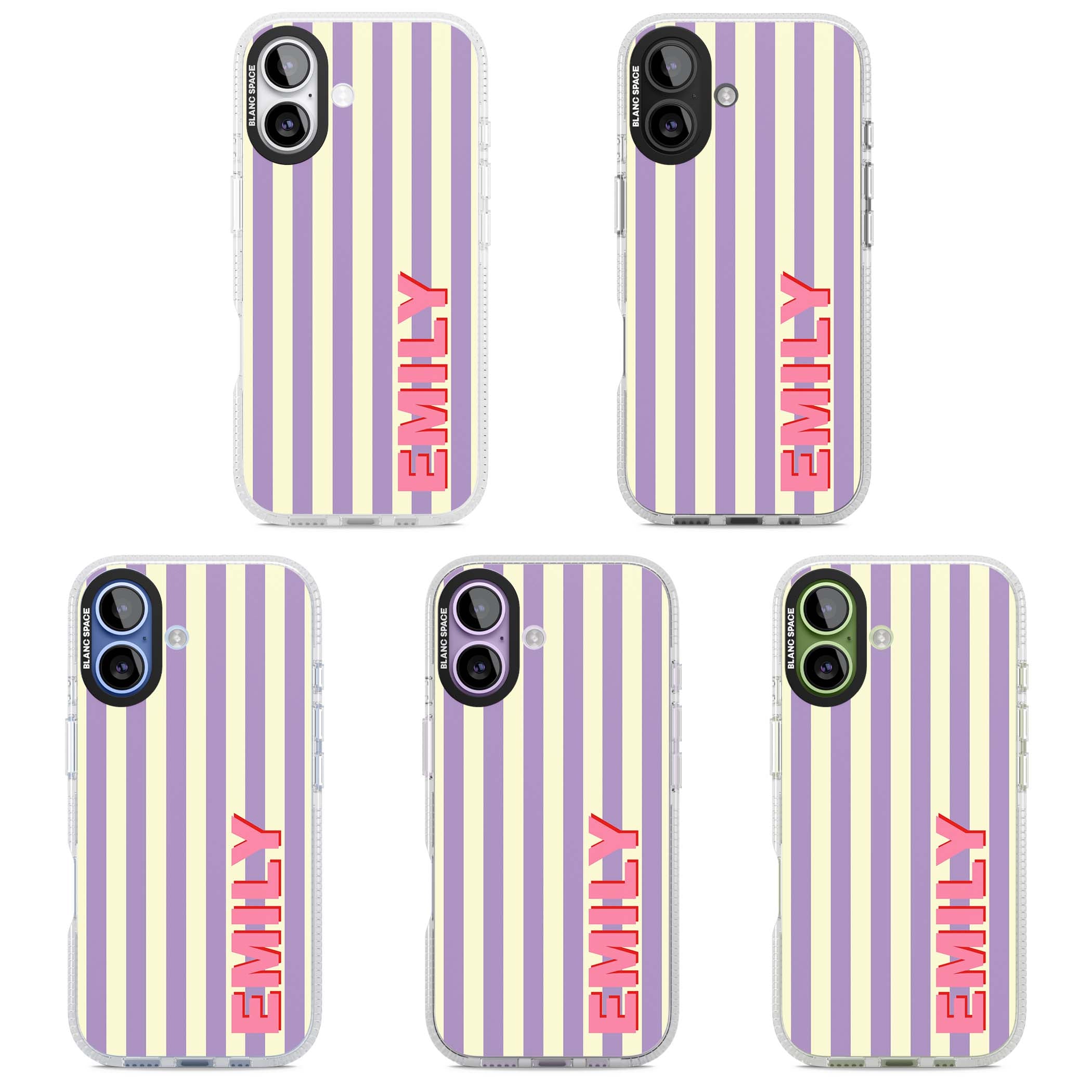 Valensole Stripe personalised iPhone case with purple and cream vertical stripes and pink custom name | Clear Case Impact Air case for iPhone 17
