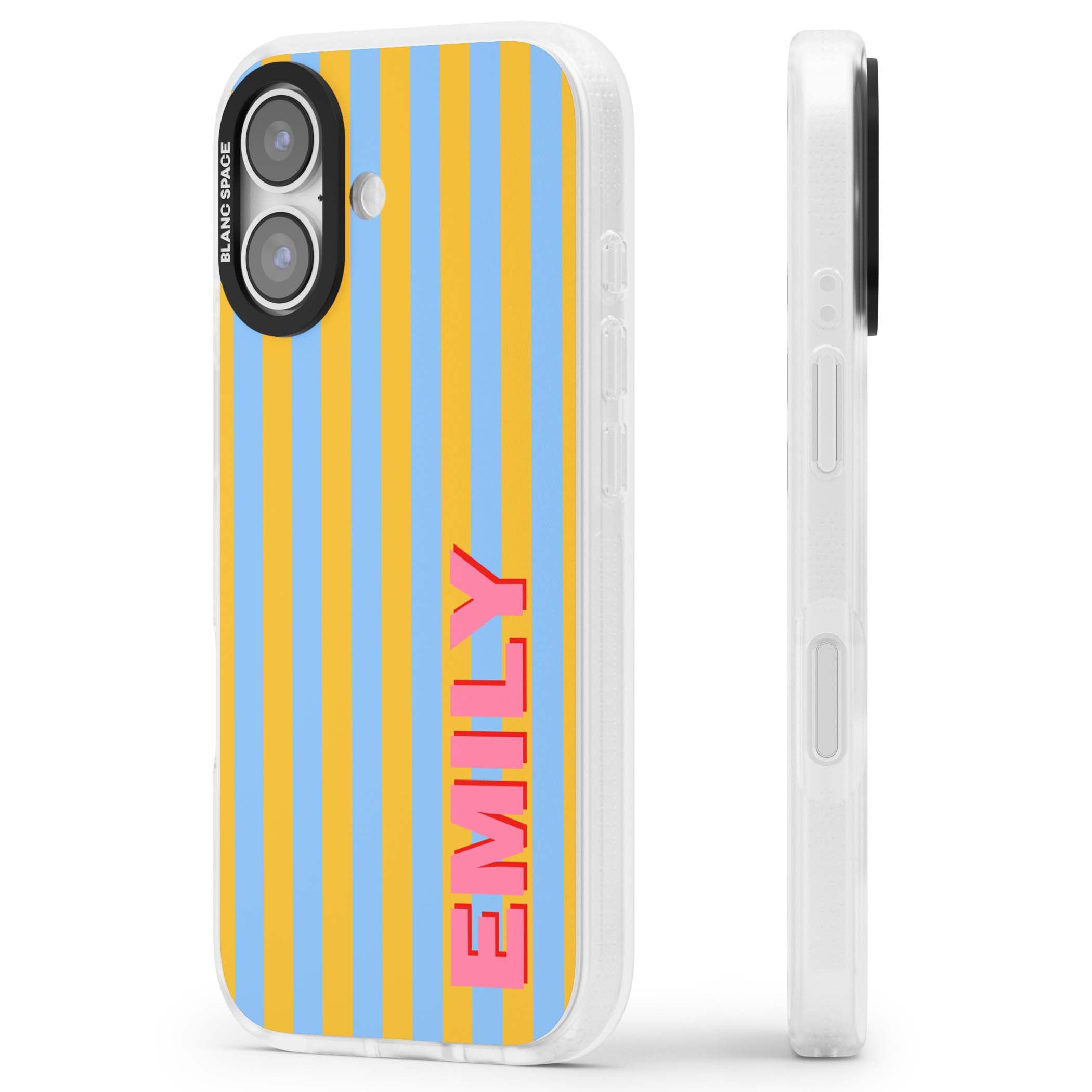 Carribean Stripe personalised coastal iPhone case with yellow and blue vertical stripes and a custom pink name | Clear Case Impact Air case for iPhone 17