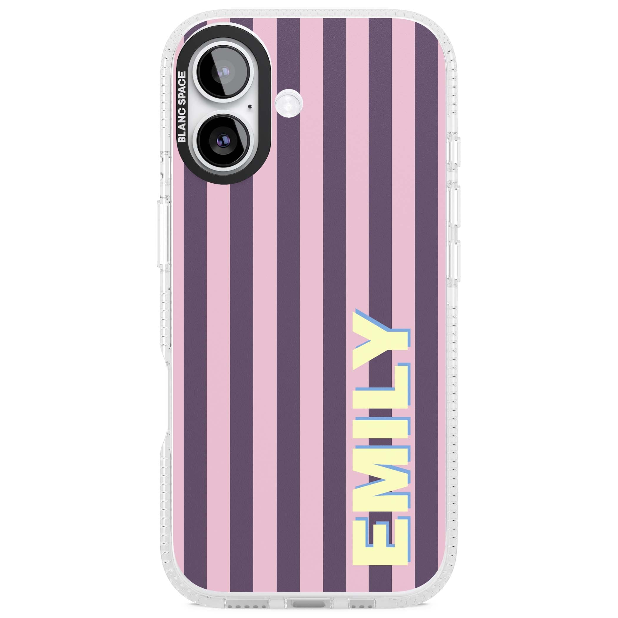 Tyre Stripe personalised stripe iPhone case with plum and pink vertical stripes and custom yellow name | Clear Case Impact Air case for iPhone 17
