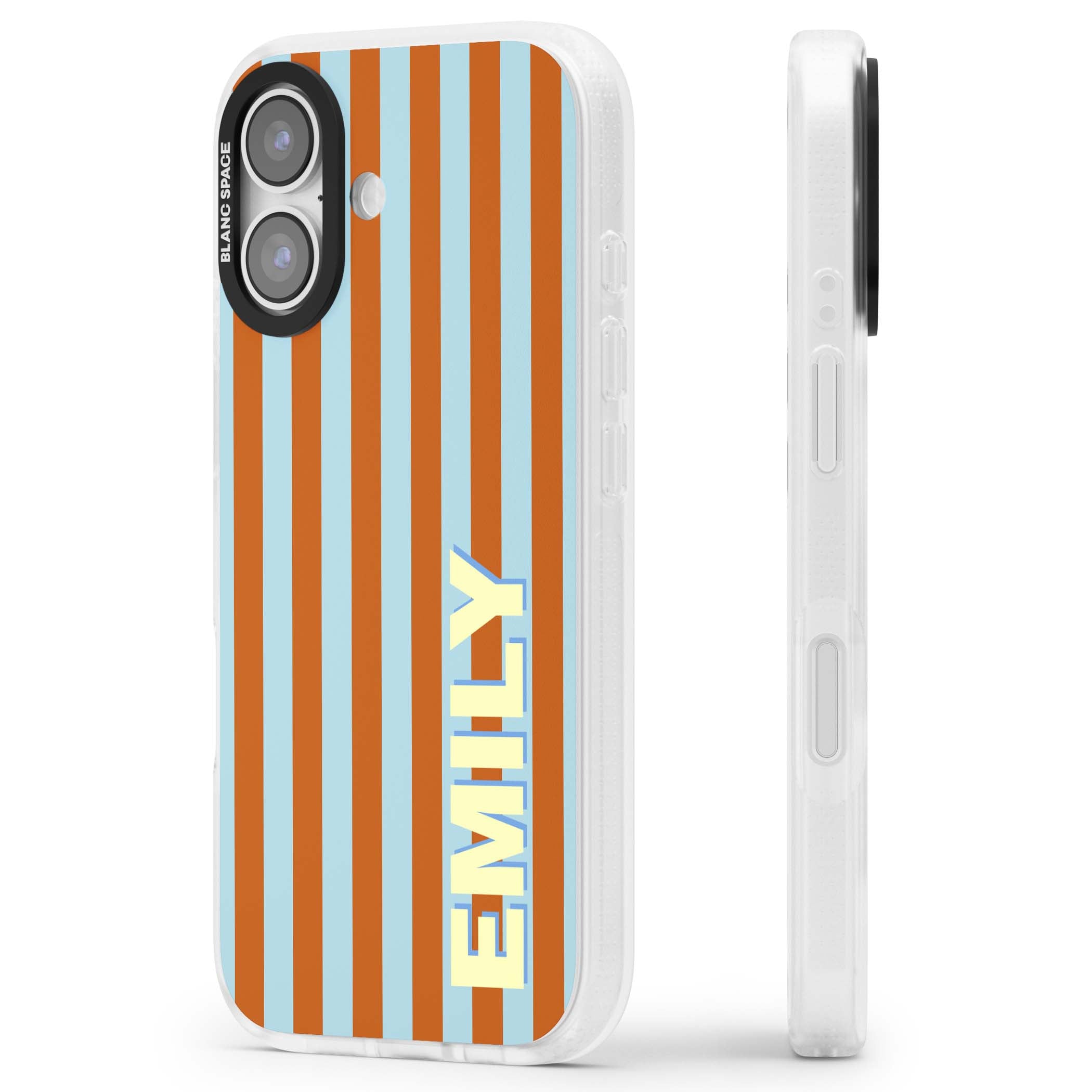 Cappadocia Stripe personalised coastal iPhone case featuring blue and orange vertical stripes with custom cream name | Clear Case Impact Air case for iPhone 17