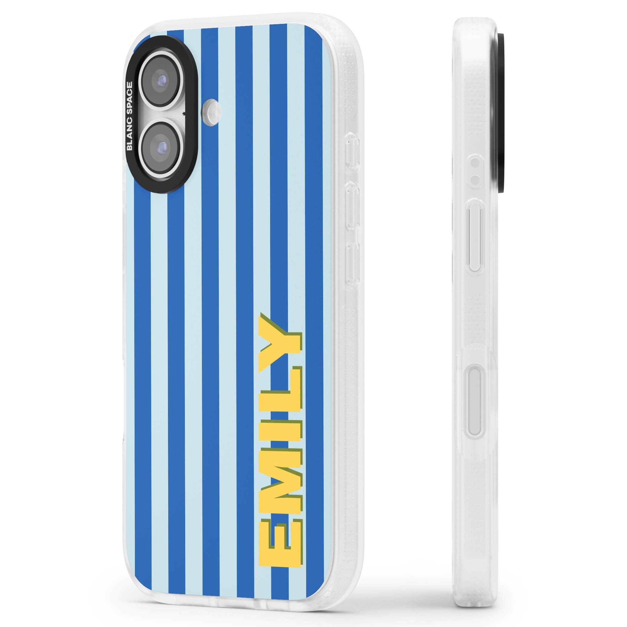 Athenian Stripe personalised preppy iPhone case featuring blue vertical stripes and a custom yellow name | Clear Case Impact Air case for iPhone 17