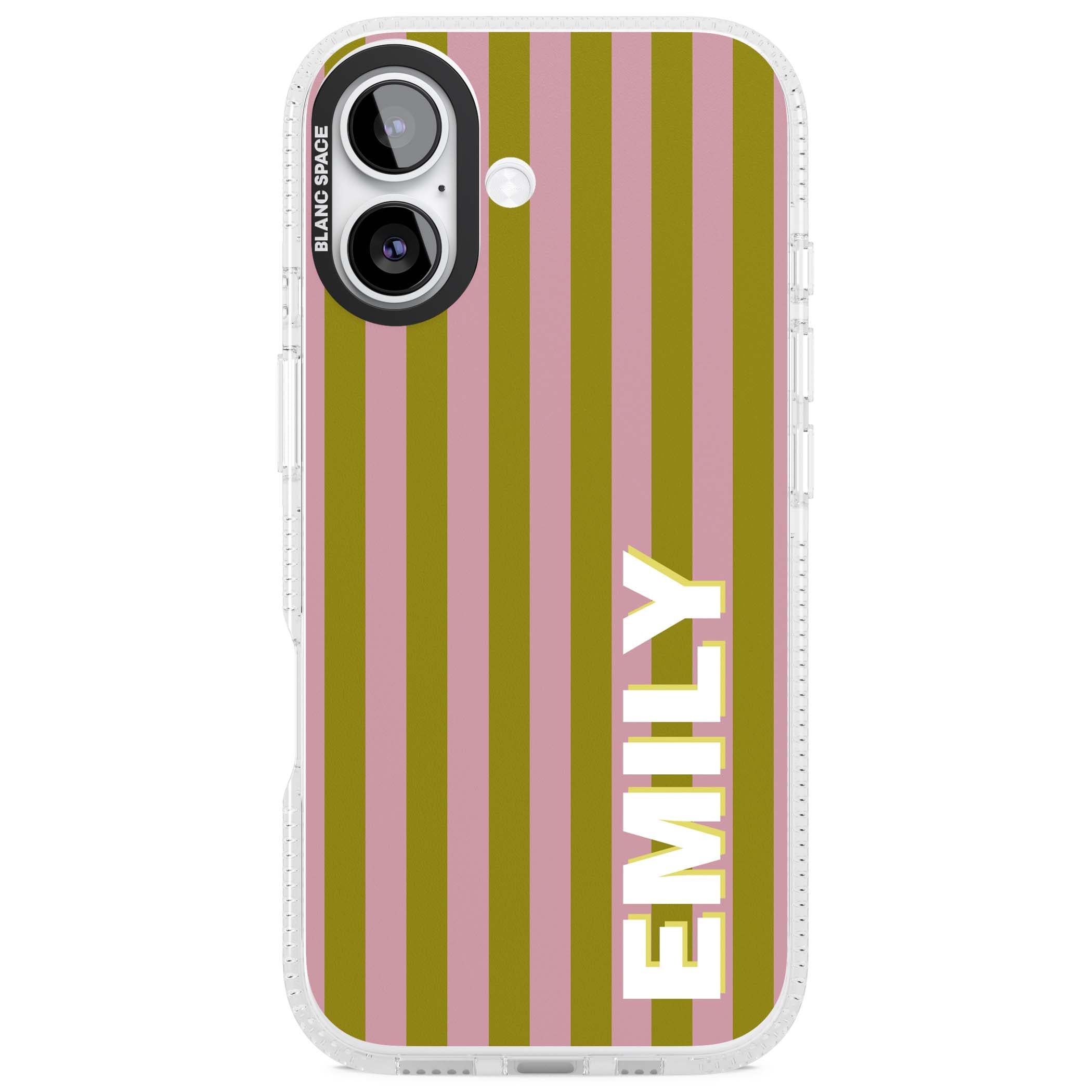 Istanbul Stripe personalised iPhone case featuring pink and olive green vertical stripes with a custom vertical name | Clear Case Impact Air case for iPhone 17