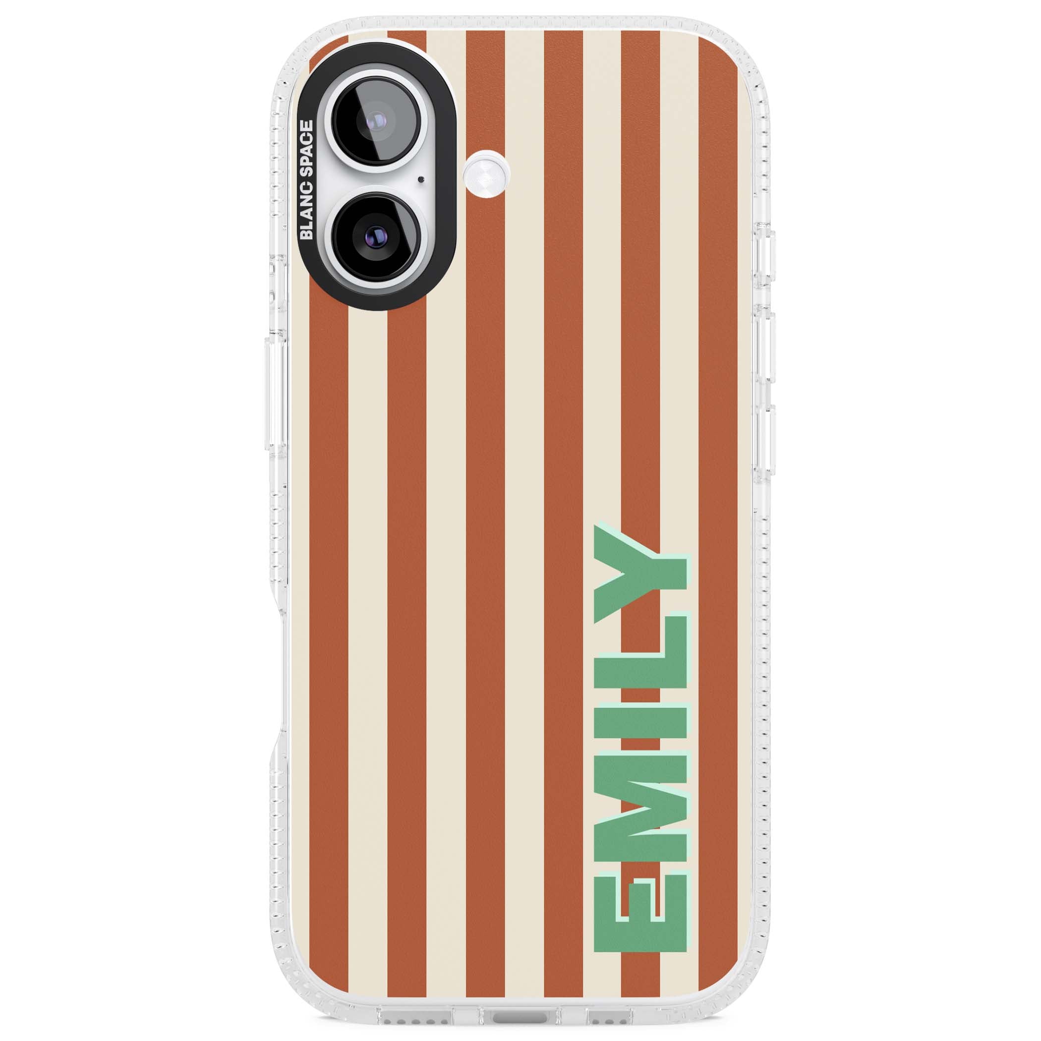 Dune Stripe personalised iPhone case with rust and cream vertical stripes and custom name in mint green | Clear Case Impact Air case for iPhone 17