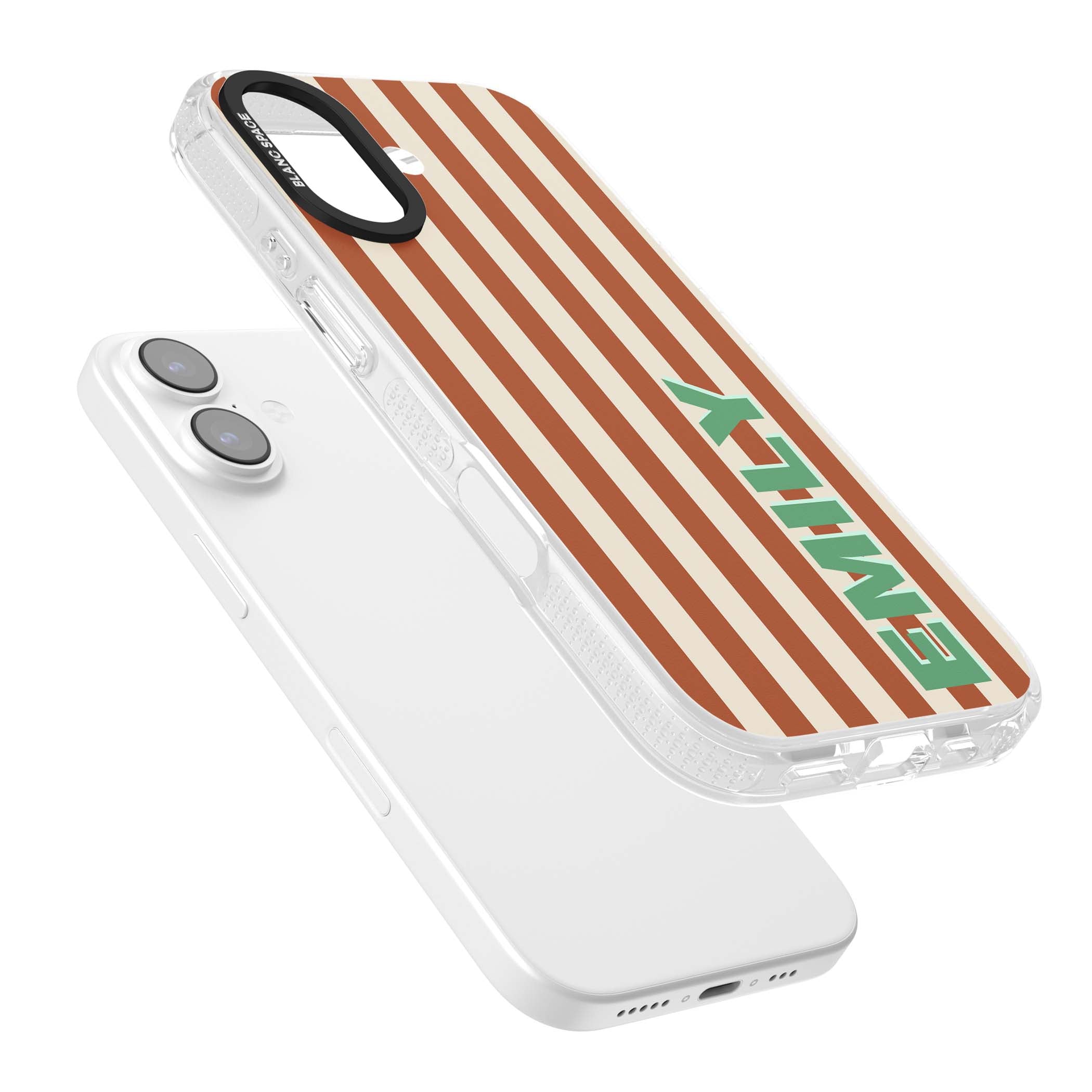 Dune Stripe personalised iPhone case with rust and cream vertical stripes and custom name in mint green | Clear Case Impact Air case for iPhone 17