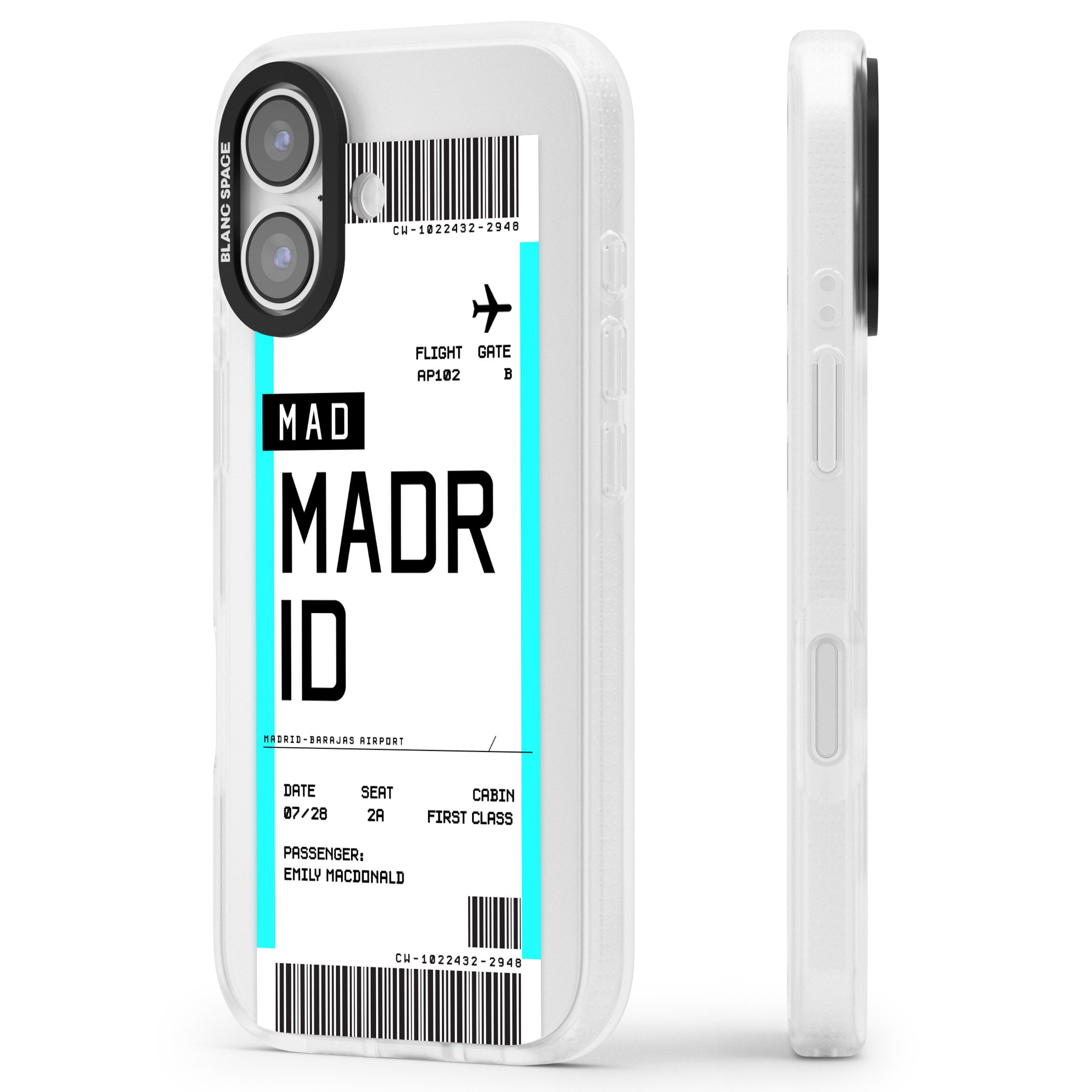 Personalised Madrid Boarding Pass iPhone 17 Impact Air Clear Phone Case Side Profile
