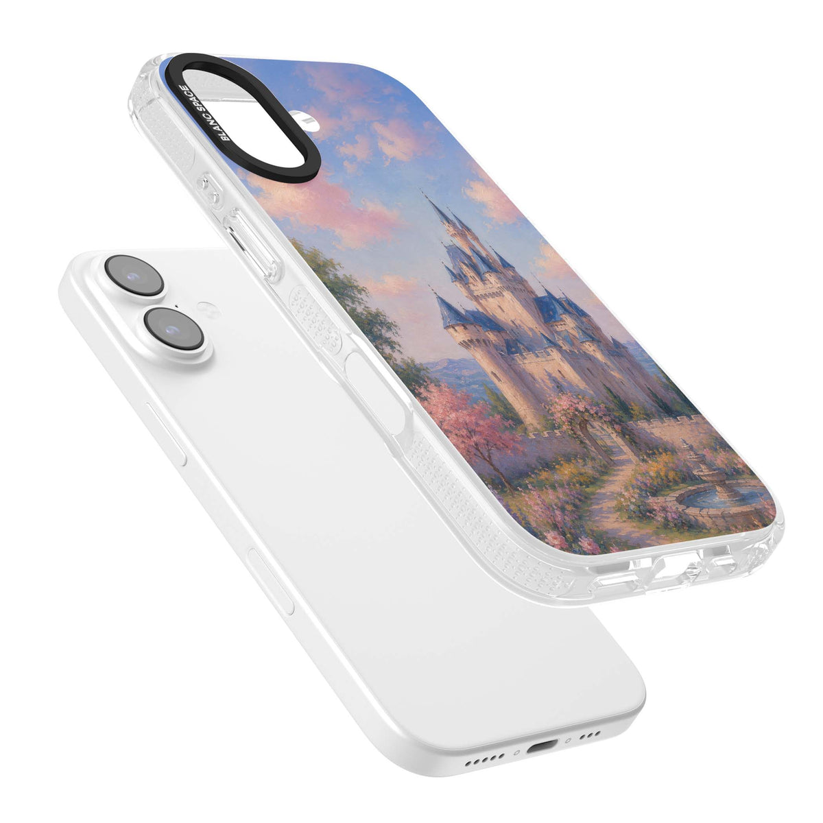 Enchanted Kingdom fairytale iPhone case featuring a romantic castle painting with cherry blossoms and pastel pink sky | Clear Case Impact Air case for iPhone 17