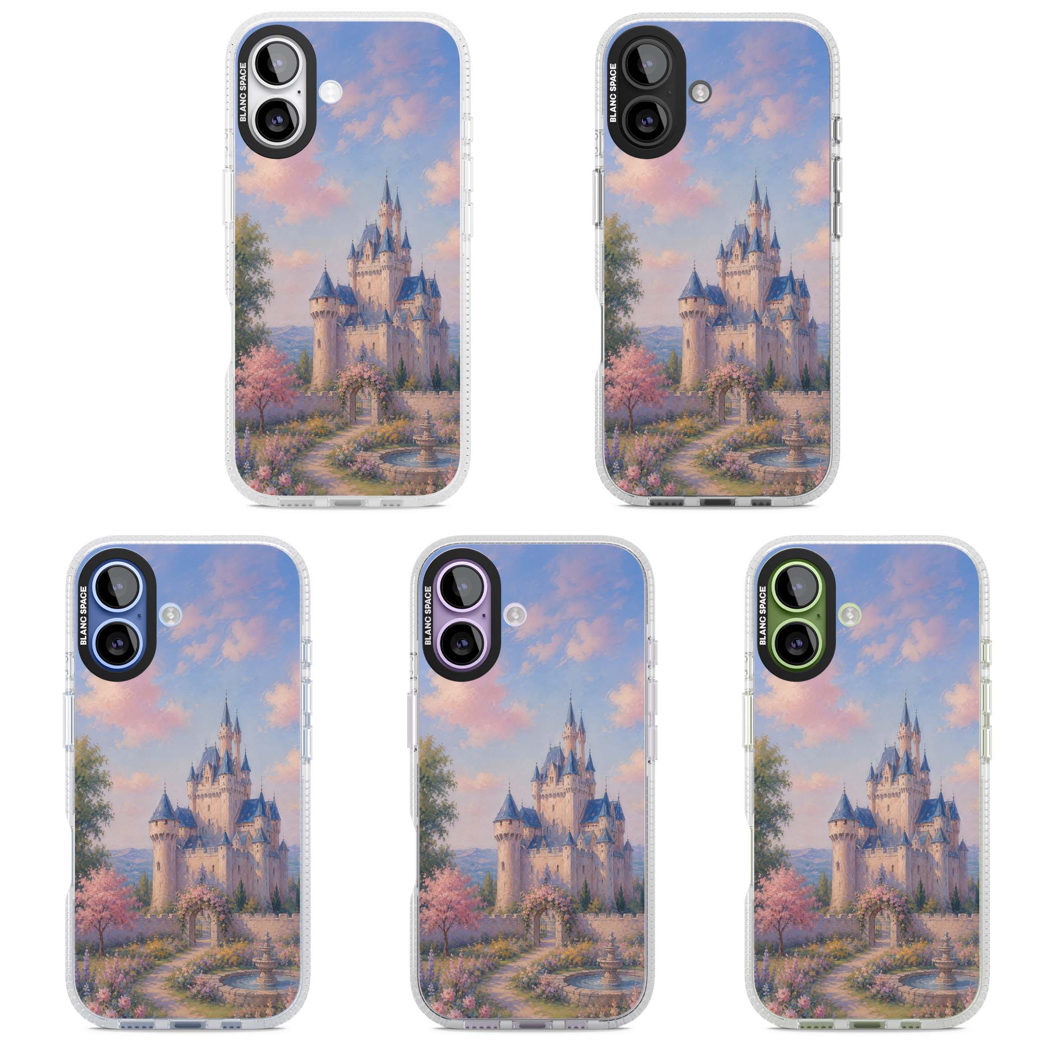 Enchanted Kingdom fairytale iPhone case featuring a romantic castle painting with cherry blossoms and pastel pink sky | Clear Case Impact Air case for iPhone 17