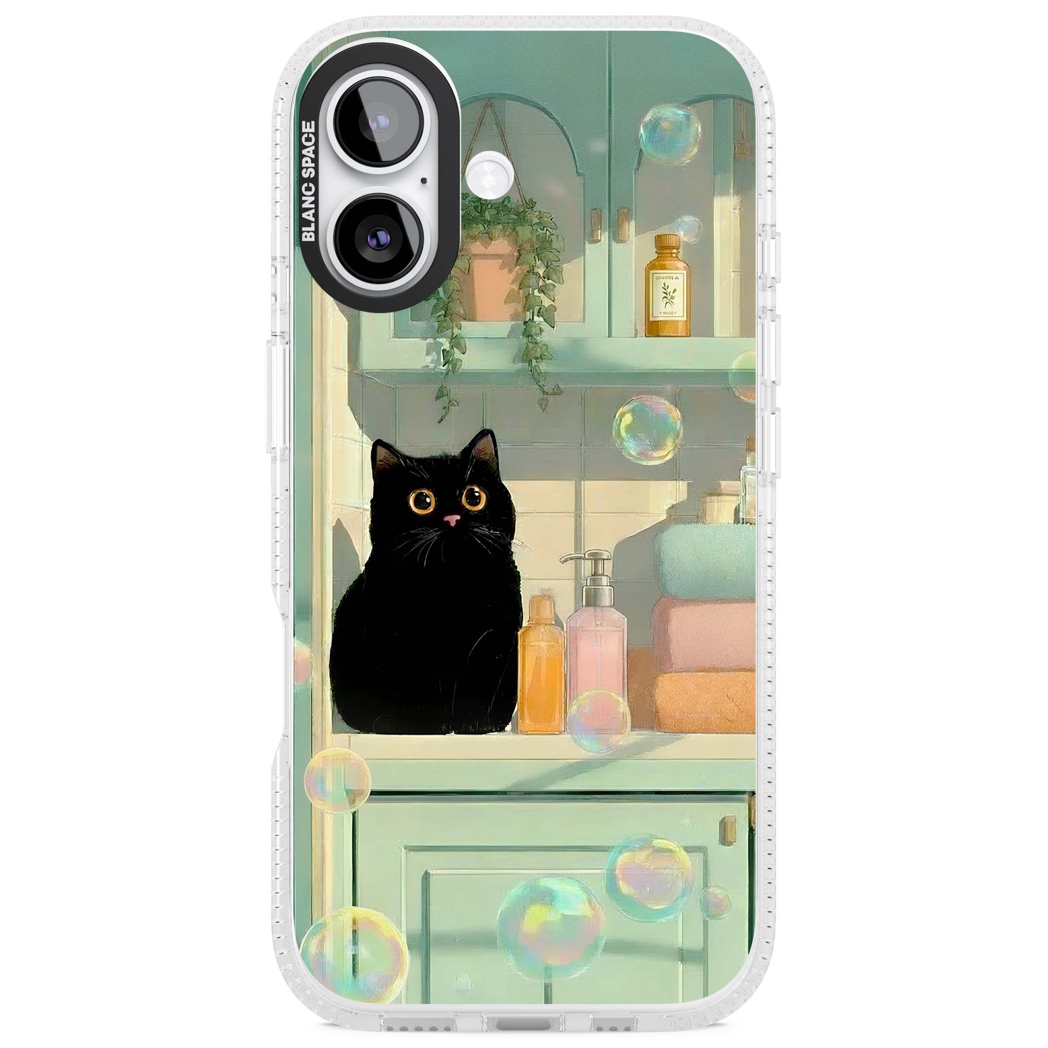 Bathroom Bubble Kitty cottagecore iPhone case featuring a black cat, mint bathroom scene and floating soap bubbles | Clear Case Impact Air case for iPhone 17