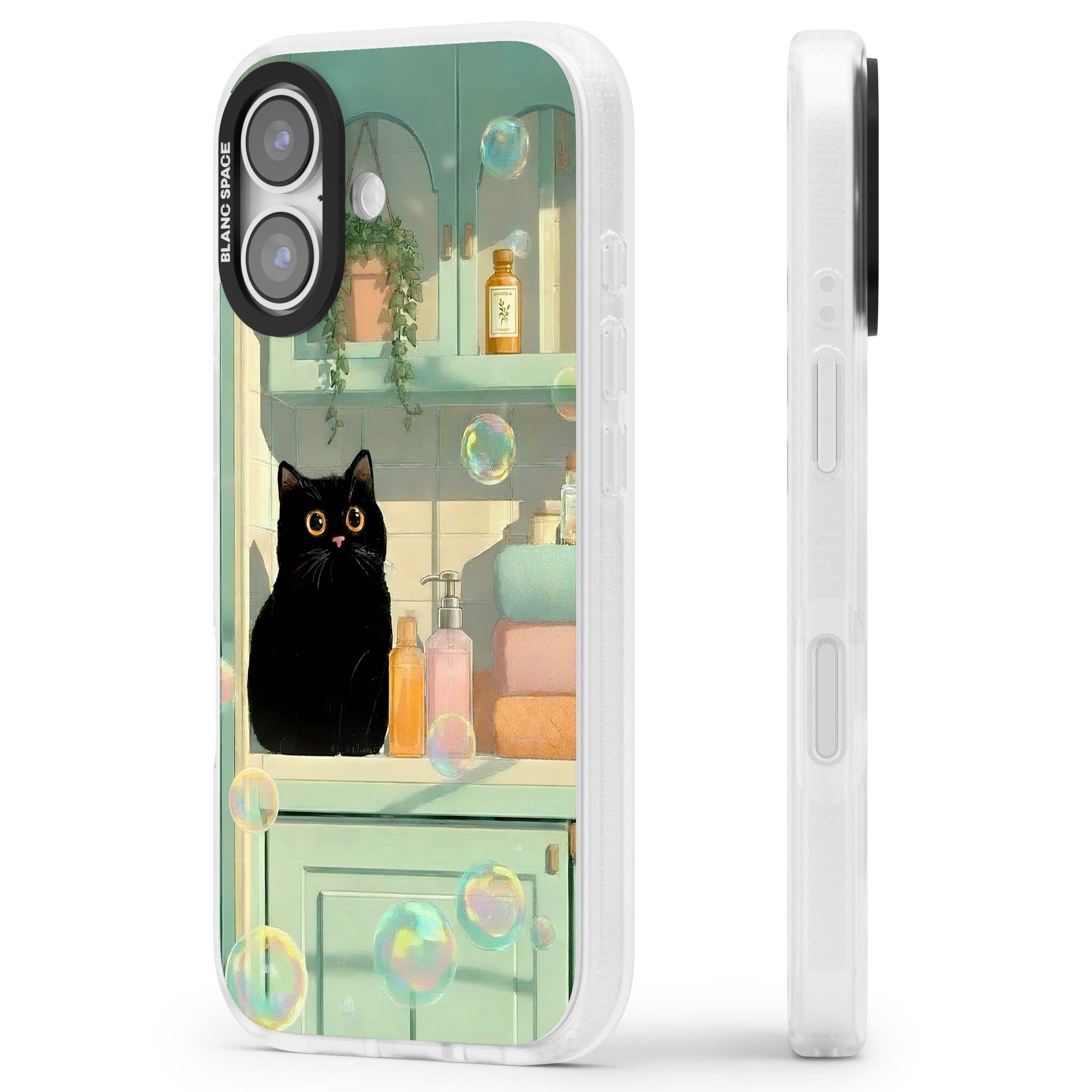 Bathroom Bubble Kitty cottagecore iPhone case featuring a black cat, mint bathroom scene and floating soap bubbles | Clear Case Impact Air case for iPhone 17