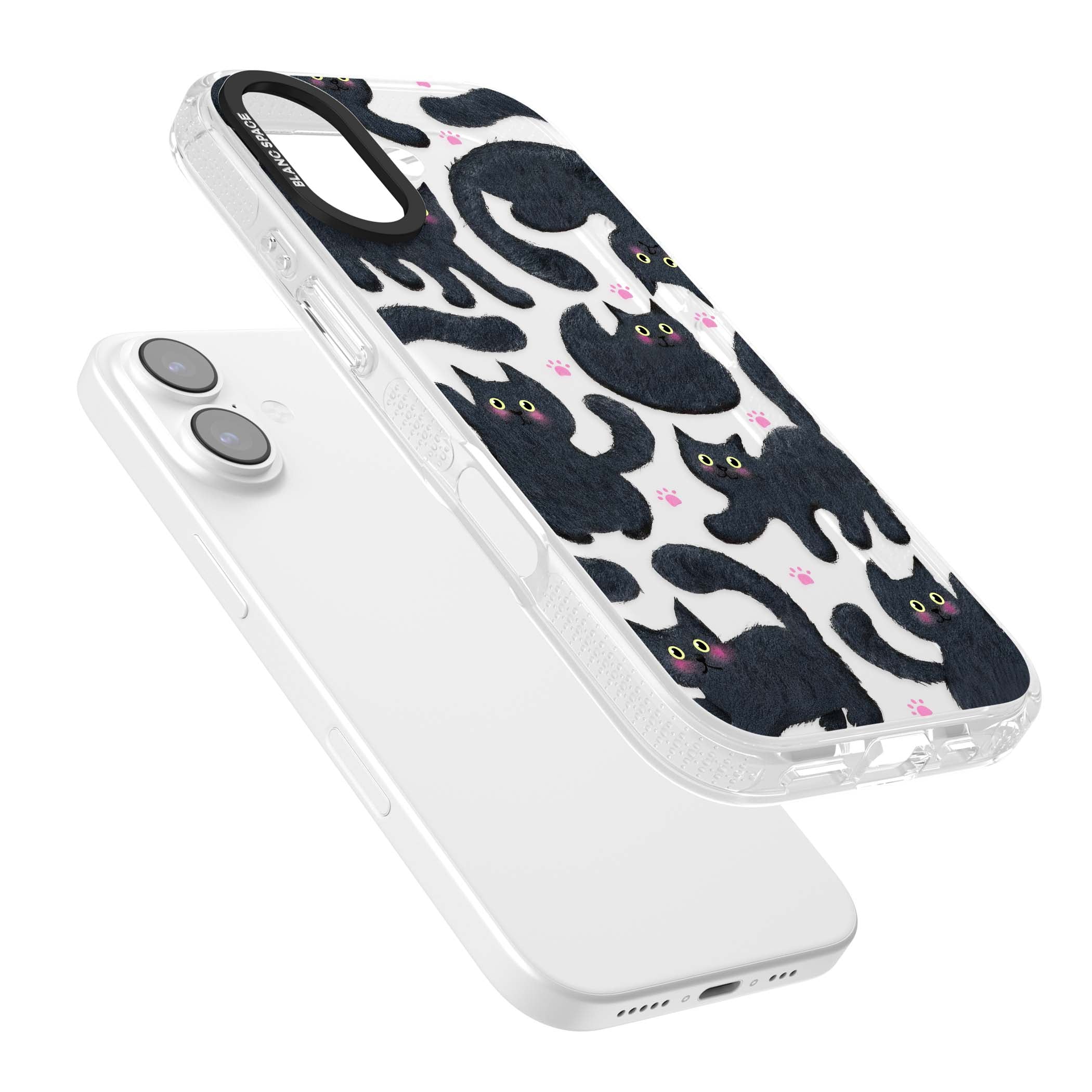 Midnight Cats cute iPhone case featuring black cat pattern with yellow eyes and pink paw prints | Clear Case Impact Air case for iPhone 17