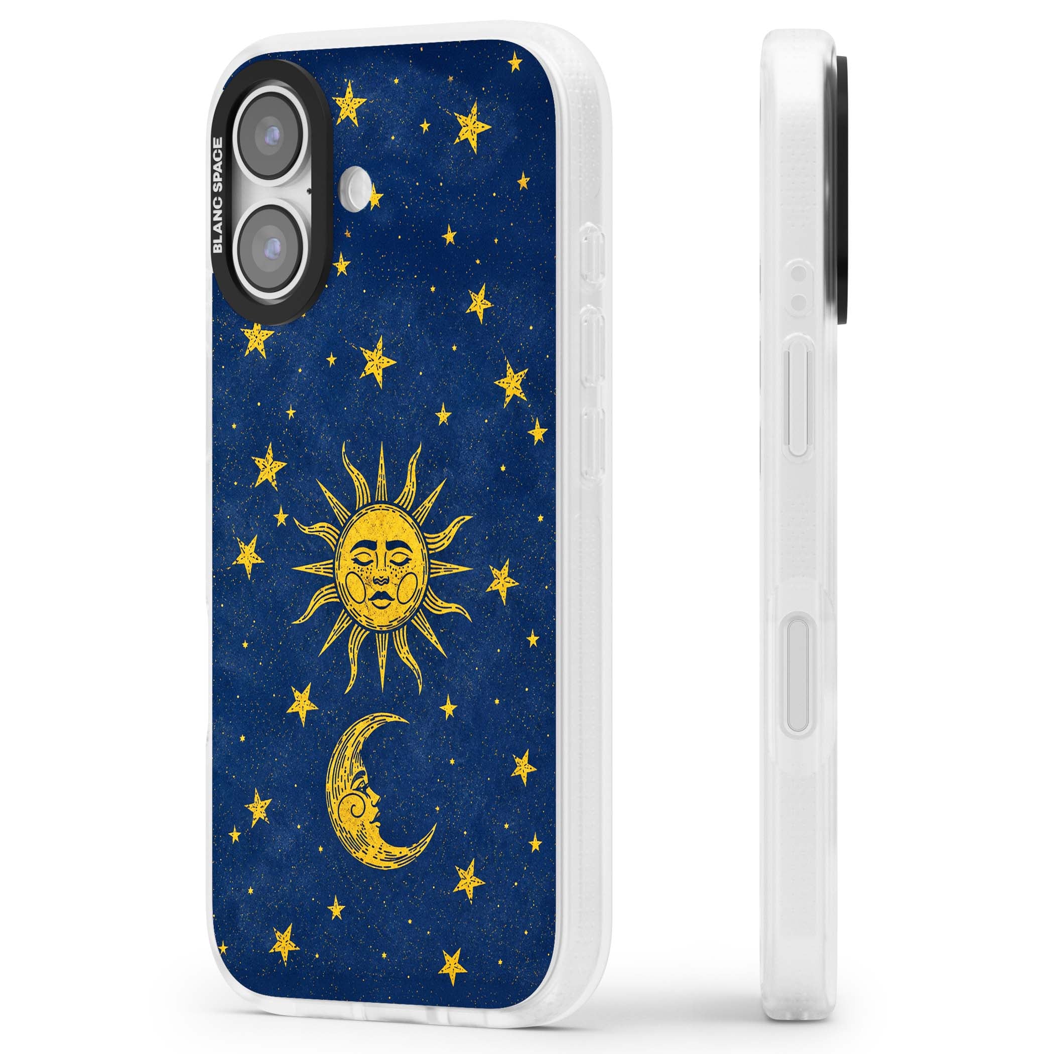 Sun & Moon Reverie celestial iPhone case featuring a vintage golden sun, crescent moon and scattered stars on midnight blue | Clear Case Impact Air case for iPhone 17
