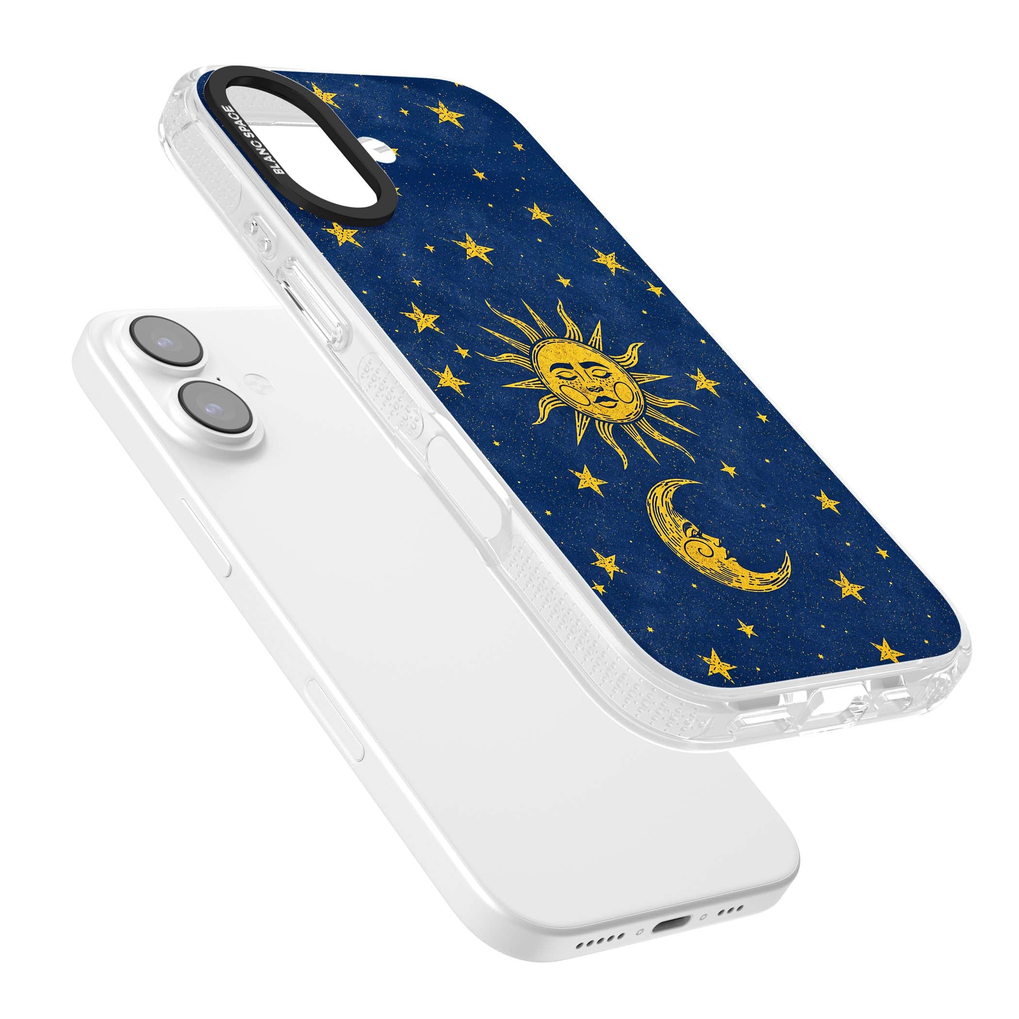Sun & Moon Reverie celestial iPhone case featuring a vintage golden sun, crescent moon and scattered stars on midnight blue | Clear Case Impact Air case for iPhone 17