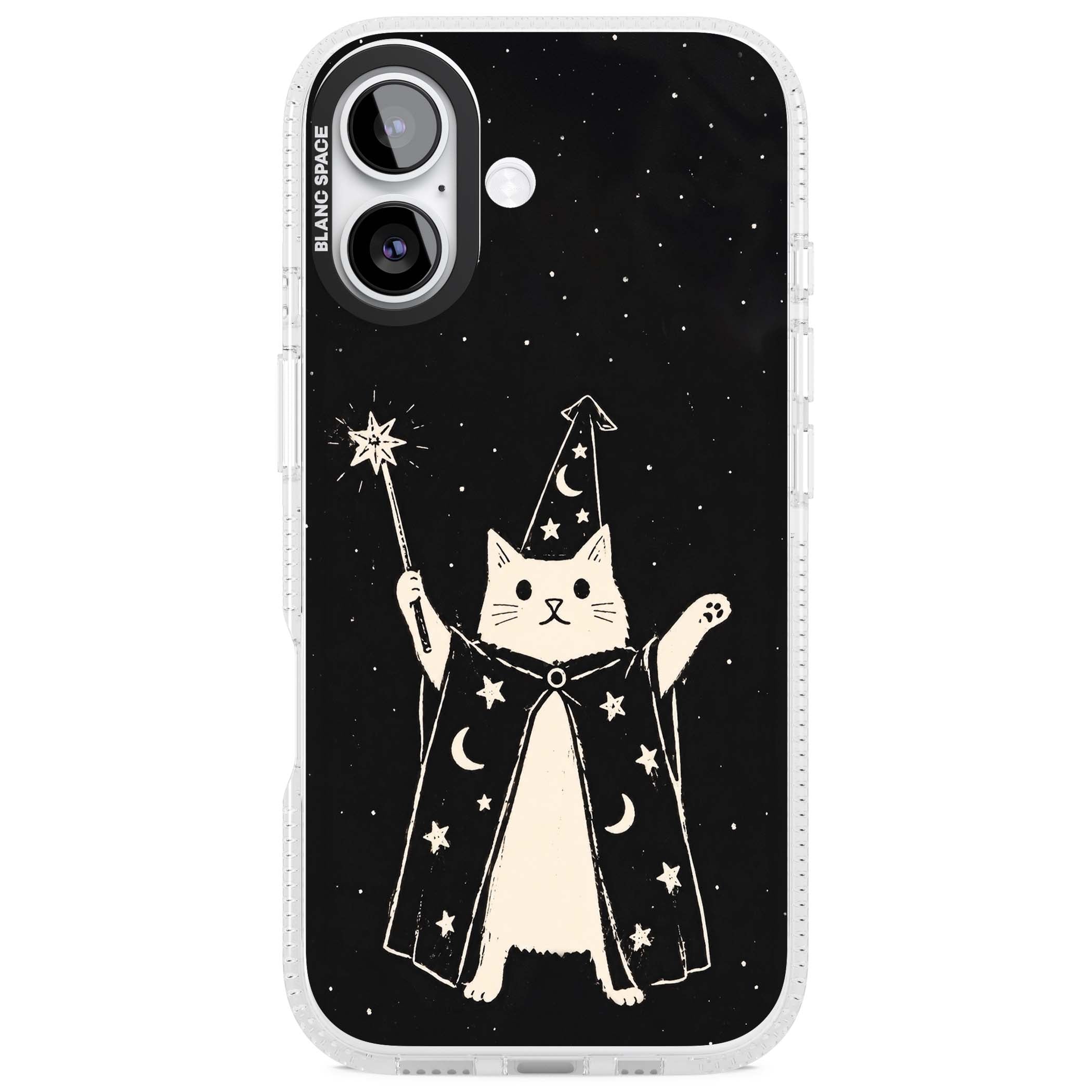 Whisker Wizard celestial cat iPhone case featuring a wizard cat with magic wand, starry night sky and crescent moons | Clear Case Impact Air case for iPhone 17