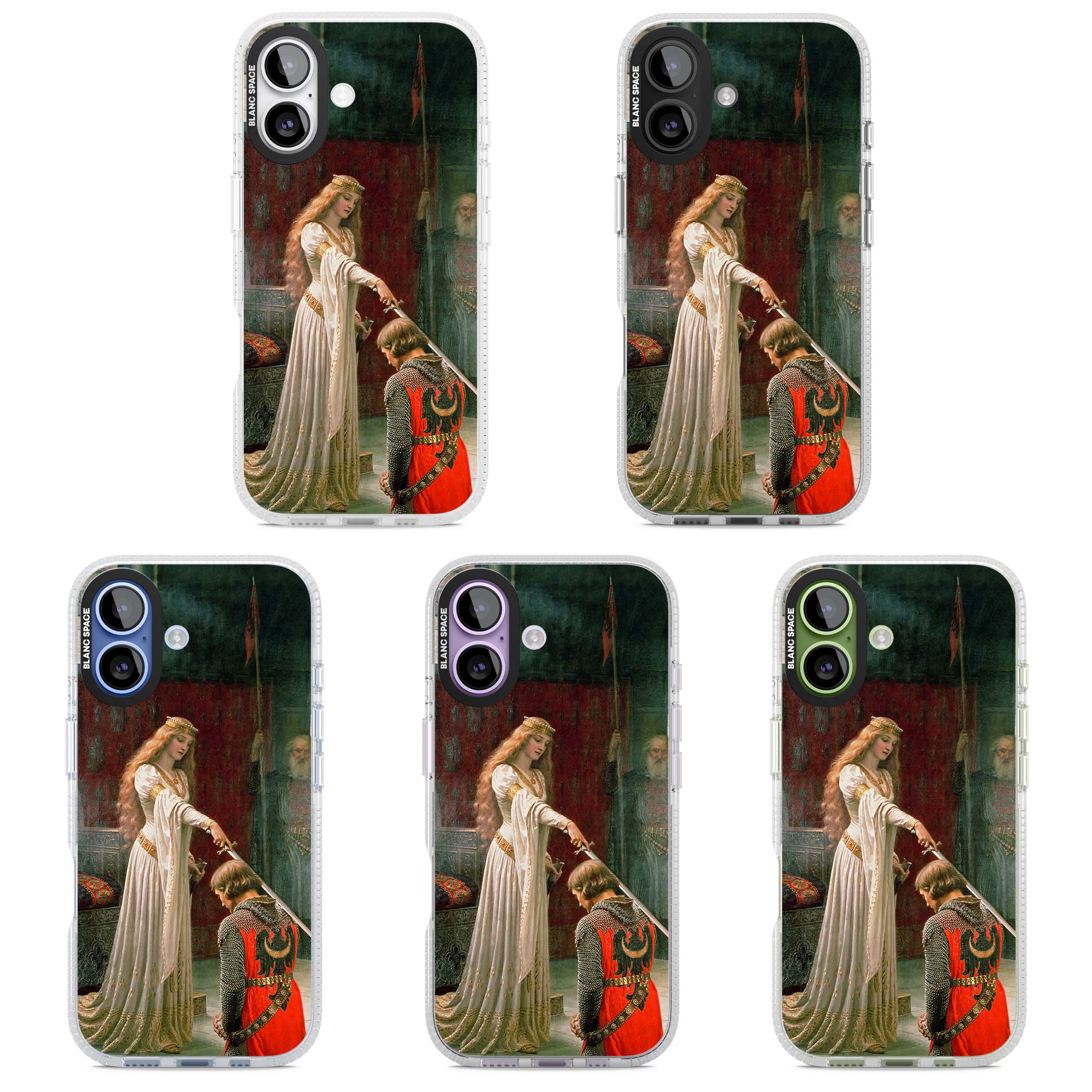 The Accolade renaissance art iPhone case featuring Edmund Blair Leighton's painting of a queen knighting a kneeling knight | Clear Case Impact Air case for iPhone 17