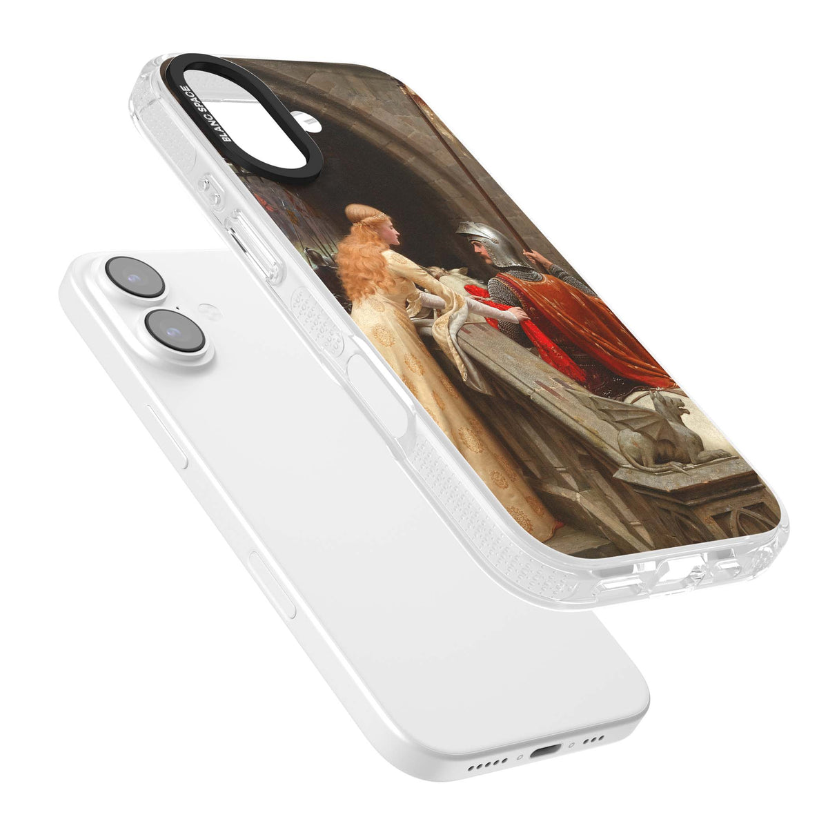 God Speed fine art iPhone case featuring Edmund Blair Leighton's medieval knight and lady beneath a stone archway | Clear Case Impact Air case for iPhone 17