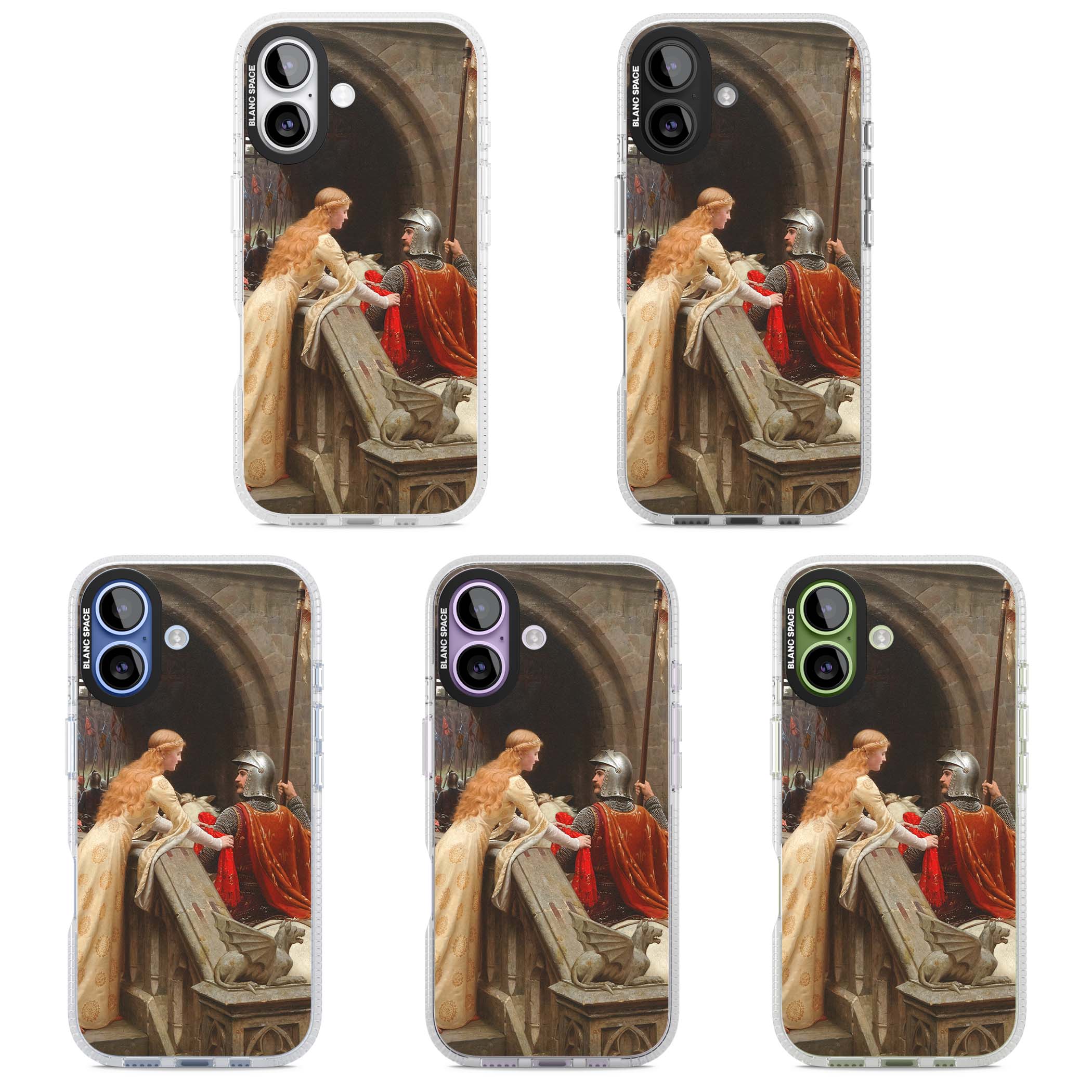 God Speed fine art iPhone case featuring Edmund Blair Leighton's medieval knight and lady beneath a stone archway | Clear Case Impact Air case for iPhone 17