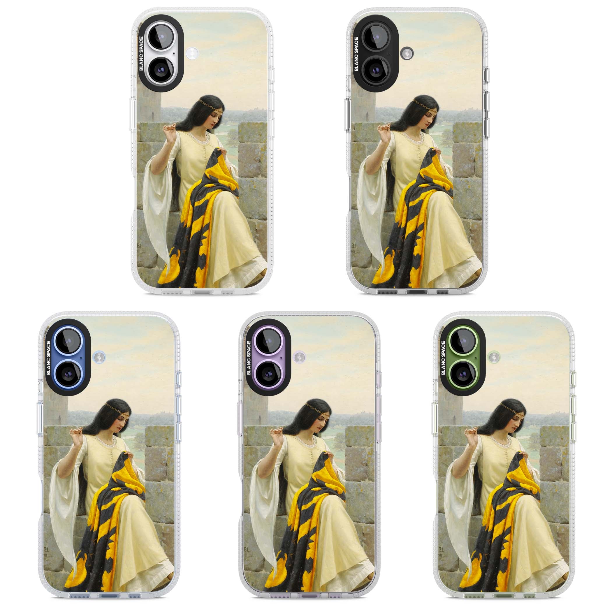 Stitching the Standard renaissance art iPhone case featuring a medieval lady sewing a golden banner on a castle wall | Clear Case Impact Air case for iPhone 17