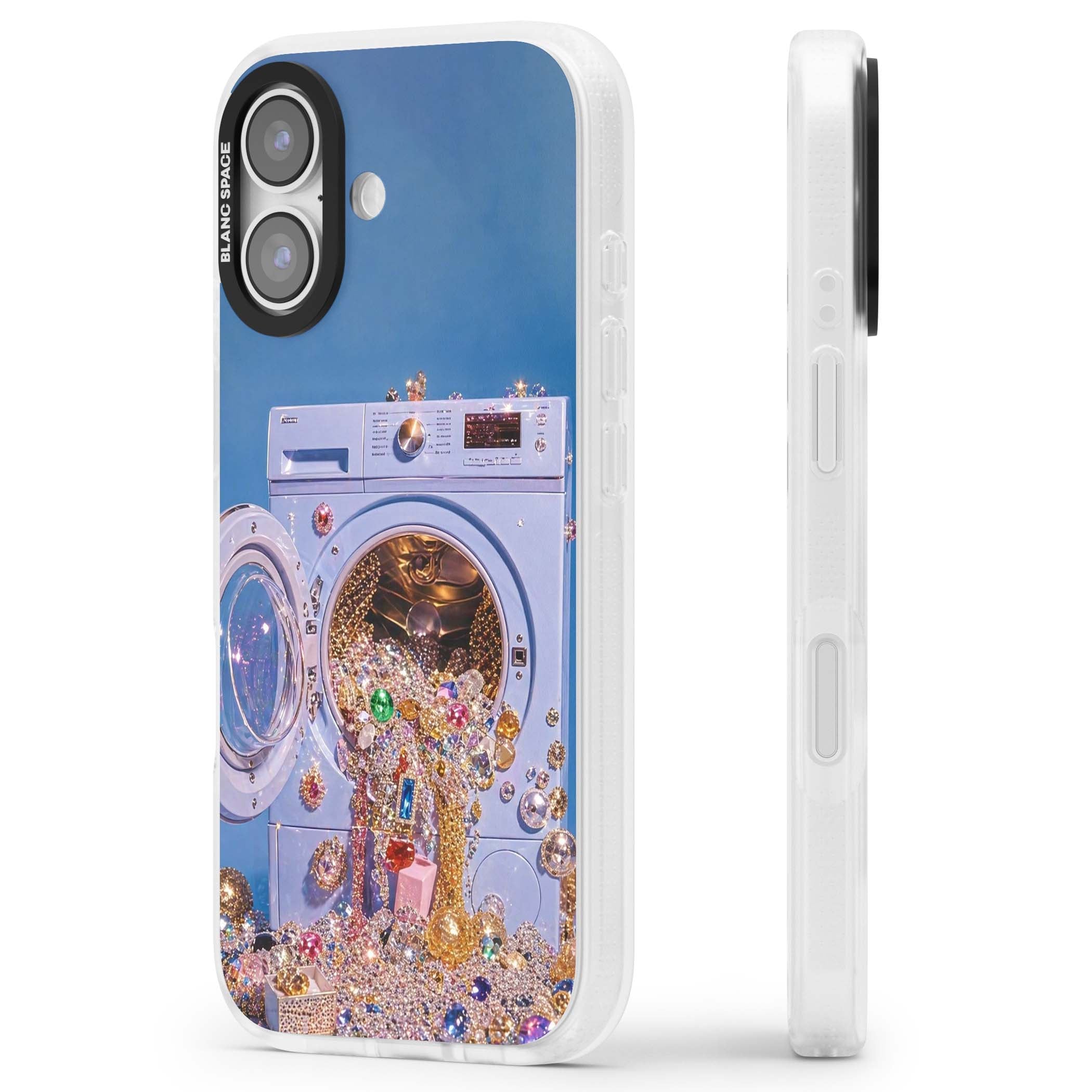 Gem Laundry baddie iPhone case featuring a surreal washing machine overflowing with colourful gemstones and crystals | Clear Case Impact Air case for iPhone 17