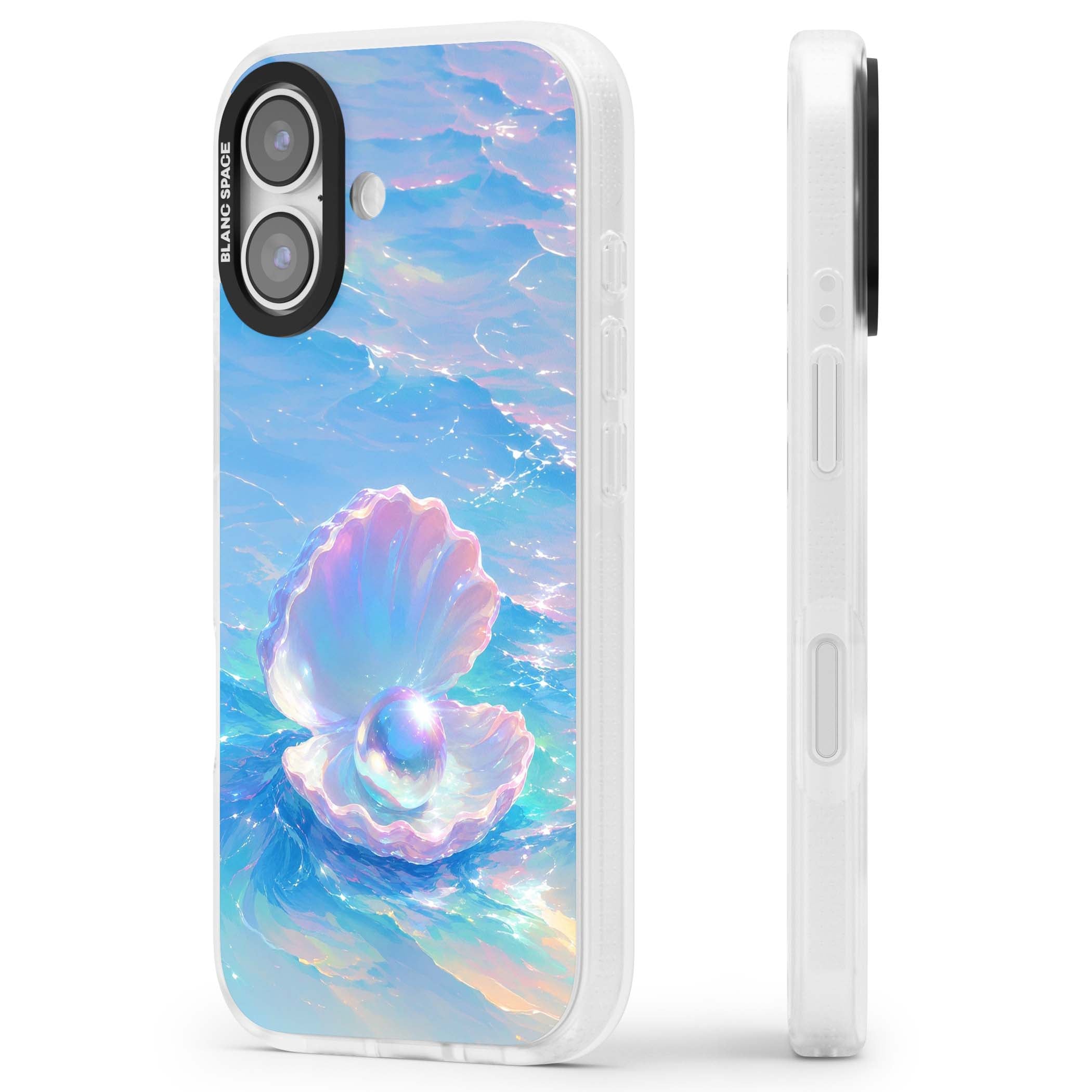 The Pearl Clam mermaidcore iPhone case featuring iridescent seashell, glowing pearl and pastel ocean waves | Clear Case Impact Air case for iPhone 17