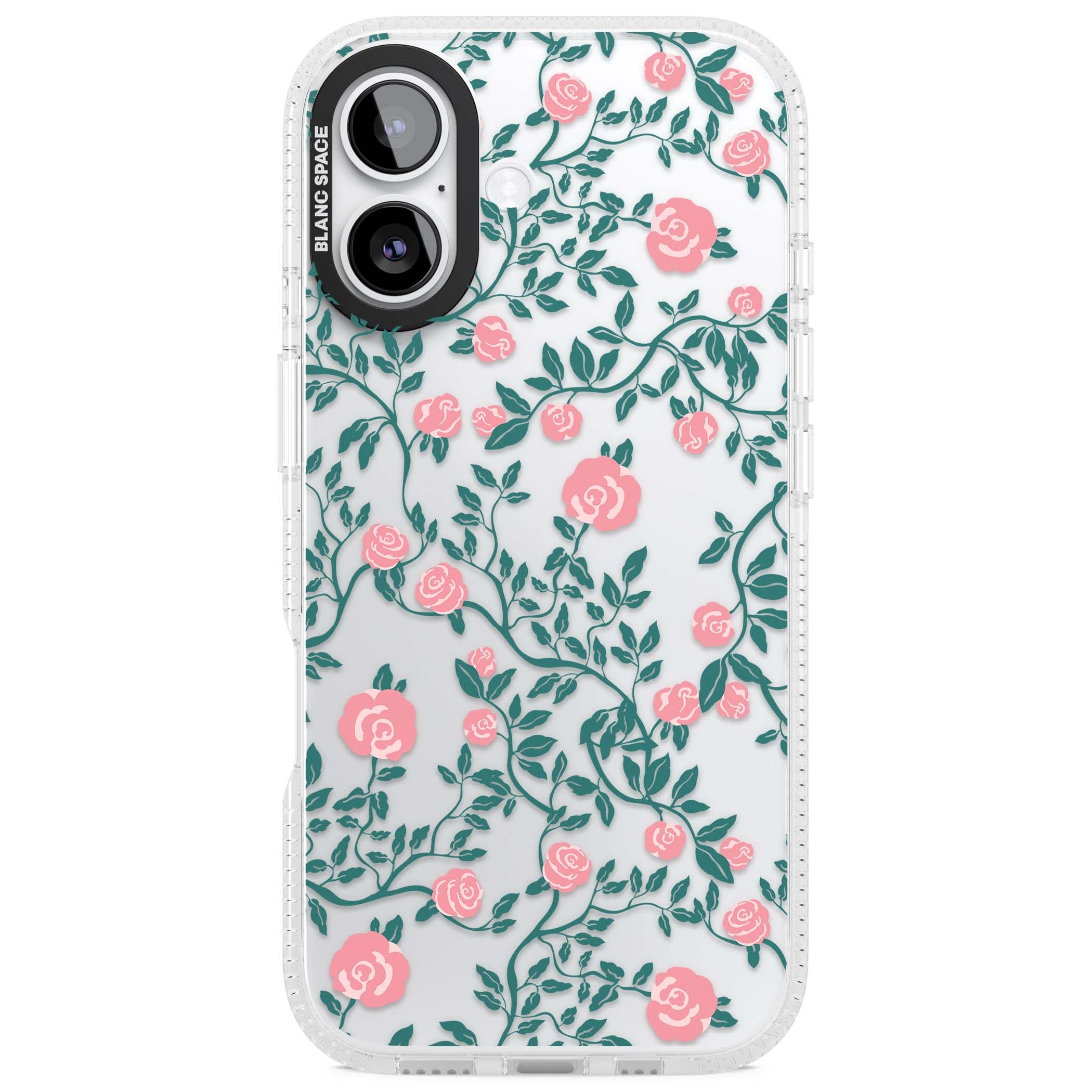 Rose Trellis (Clear) cottagecore iPhone case featuring pink climbing roses and green leaves on clear background | Clear Case Impact Air case for iPhone 17